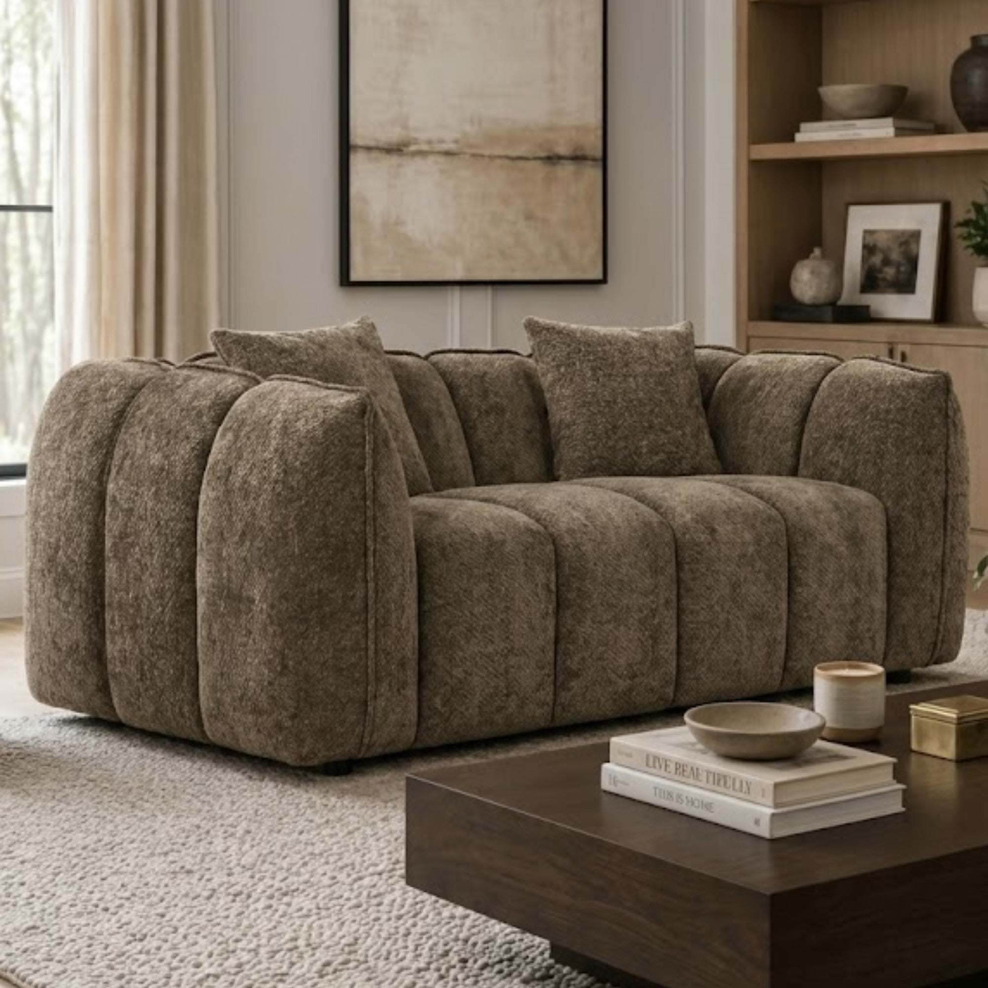 Contemporary Brassex channel-tufted loveseat with plush upholstery and sleek design, perfect for modern living rooms.