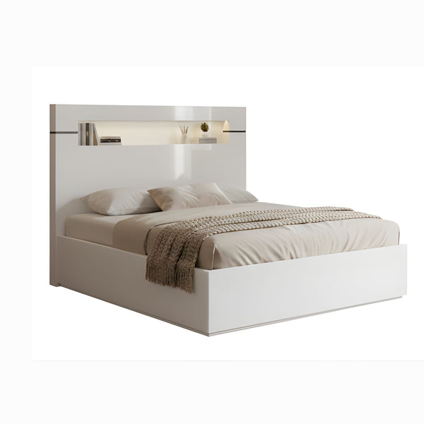 Grey Lumina lift-up bed from Amica Furniture with a modern design, showcasing the sleek bed frame and upholstered headboard.