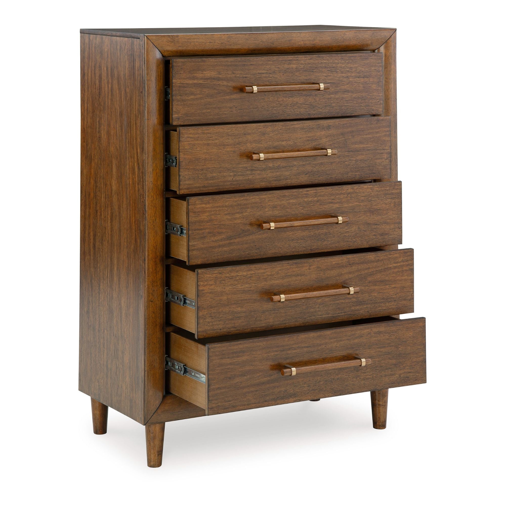 Signature Ashley Lyncott five drawer chest with sleek design and modern handles, shown in a well-lit room setting.