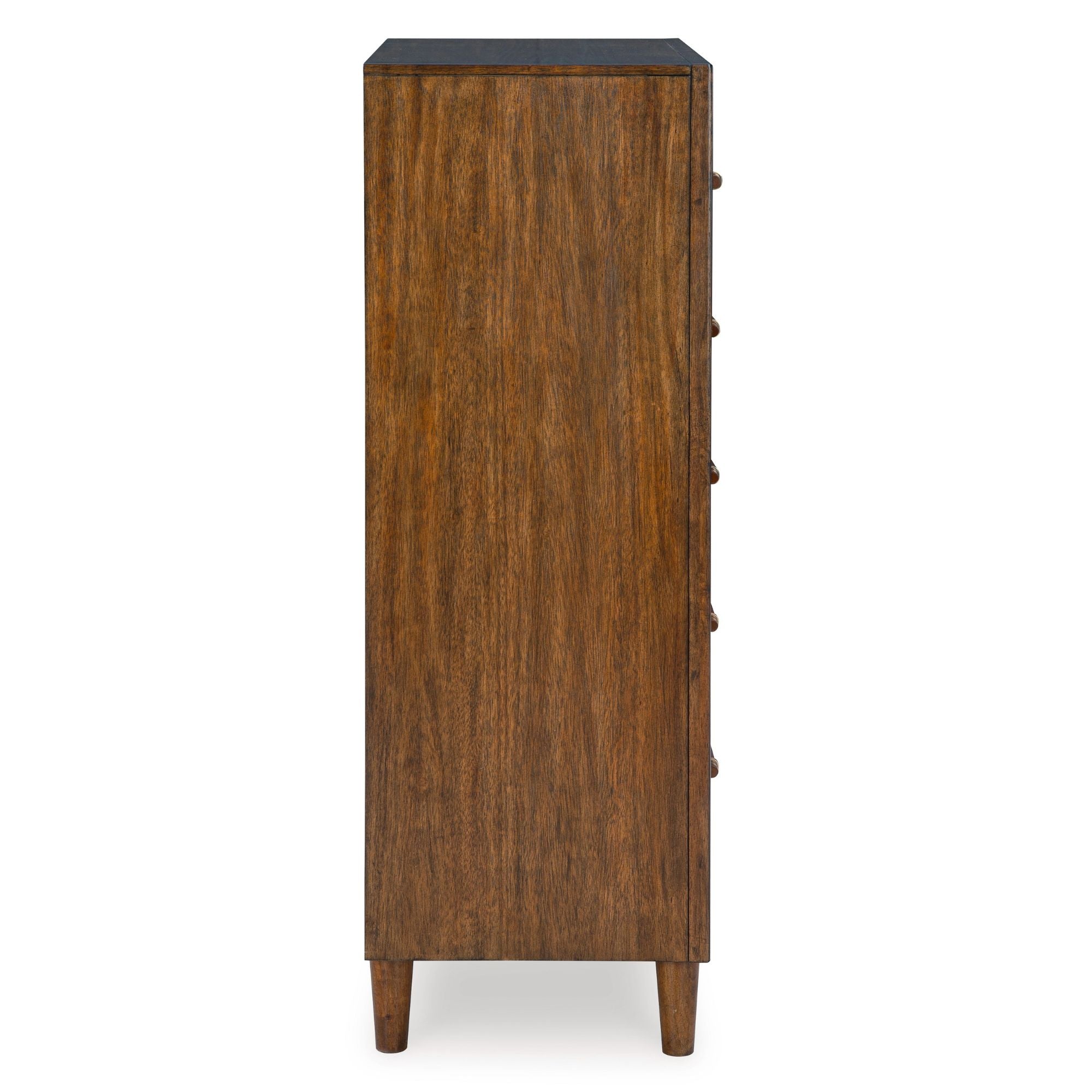 Signature Ashley Lyncott five-drawer chest with sleek wooden finish, featuring metal drawer handles and ample storage space.