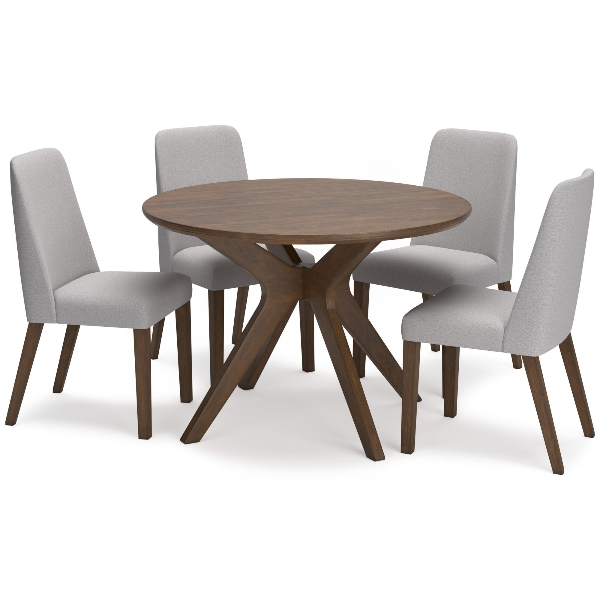 Round grey Lyncott Collection dining room set by Signature Ashley with a table and matching chairs in a modern style.