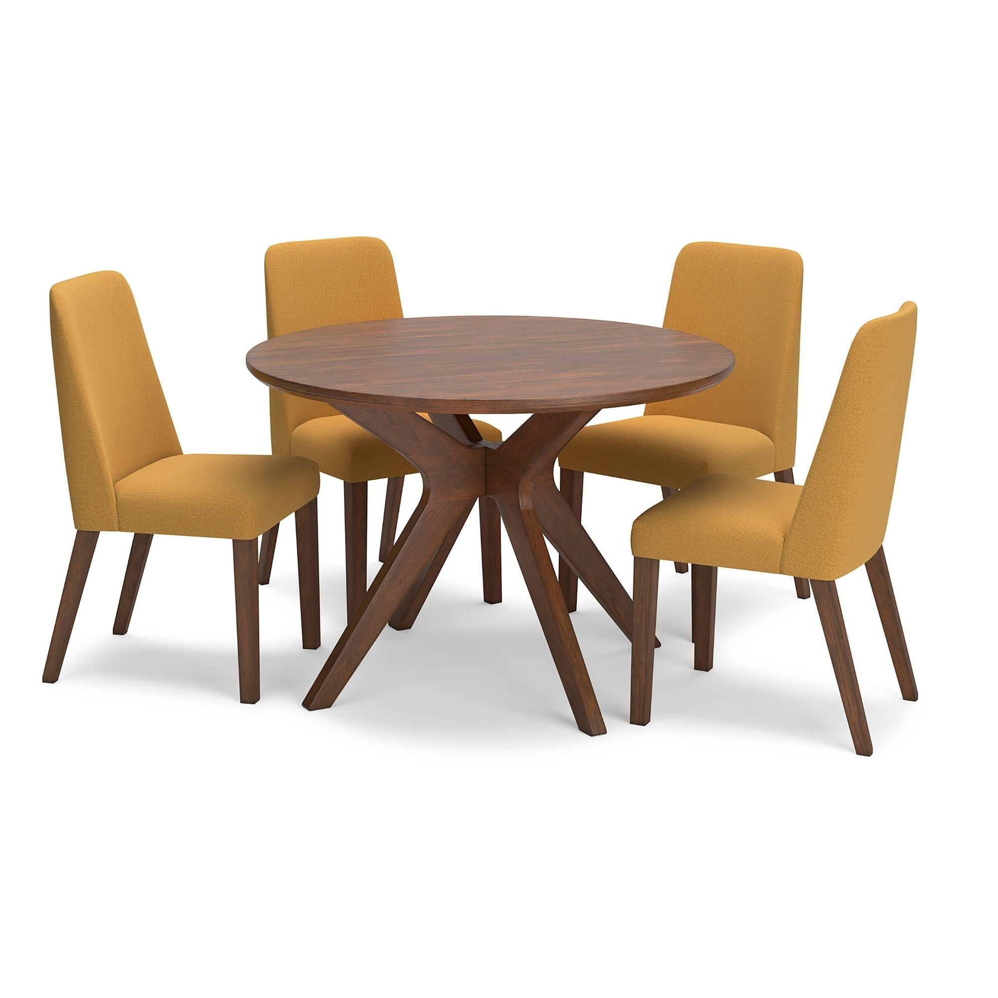 Round Lyncott Collection dining room set by Signature Ashley with mustard-colored upholstered chairs and a wooden dining table.