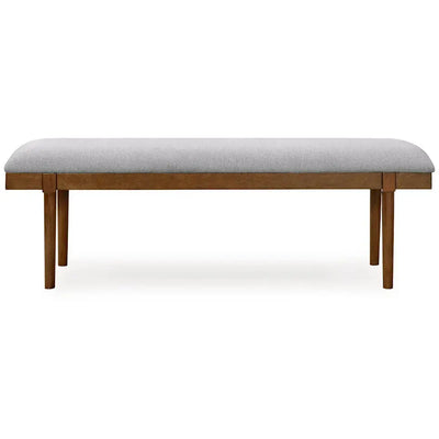 Large Lyncott Accent Dining Room Bench by Signature Ashley with wooden legs and upholstered padded seat for comfortable seating.