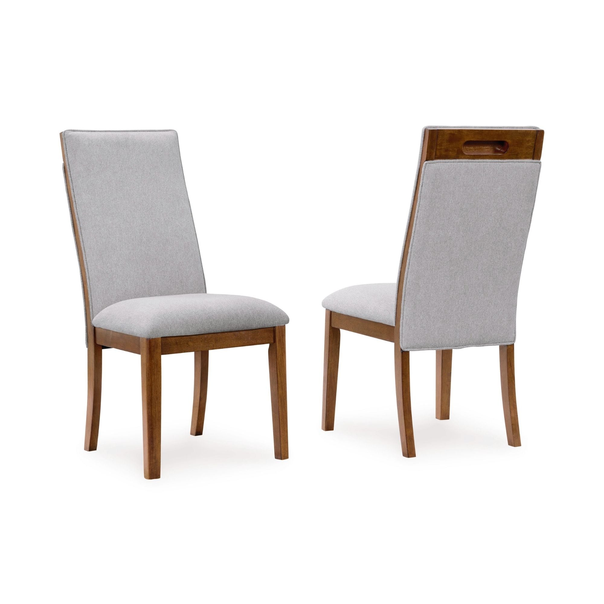 Set of two grey and brown Lyncott dining UPH side chairs by Signature Ashley, showcasing contemporary design and upholstered seats.