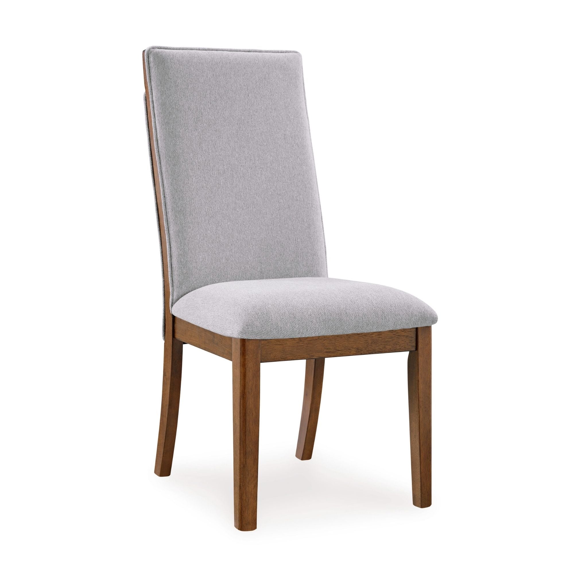 Set of two grey and brown upholstered Ashley Lyncott dining side chairs with sleek design and sturdy wooden legs.
