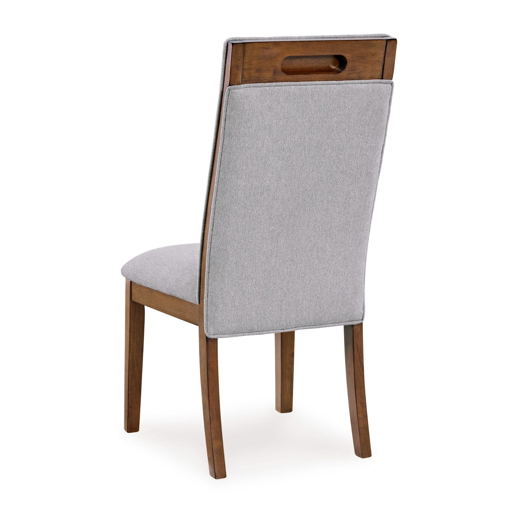 Set of two Lyncott dining chairs by Signature Ashley with grey and brown upholstered seats and sleek wooden legs.