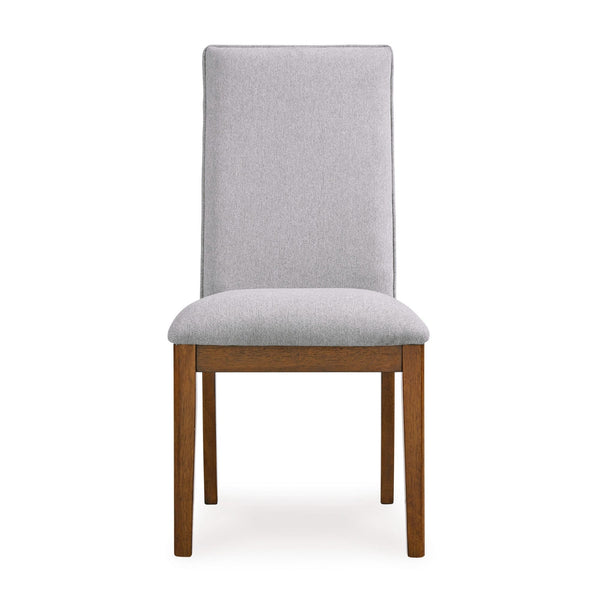 Set of two grey and brown upholstered Lyncott dining side chairs by Signature Ashley, showcasing modern design and comfortable seating.