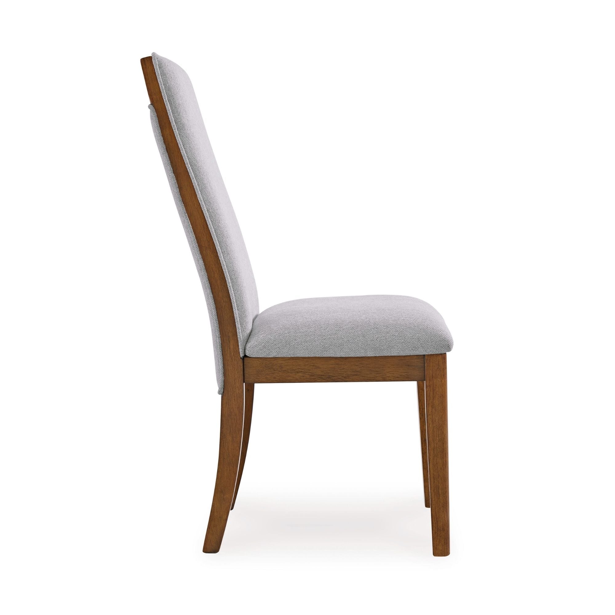 Set of two grey and brown Lyncott dining chairs by Signature Ashley with upholstered seats and wooden legs.