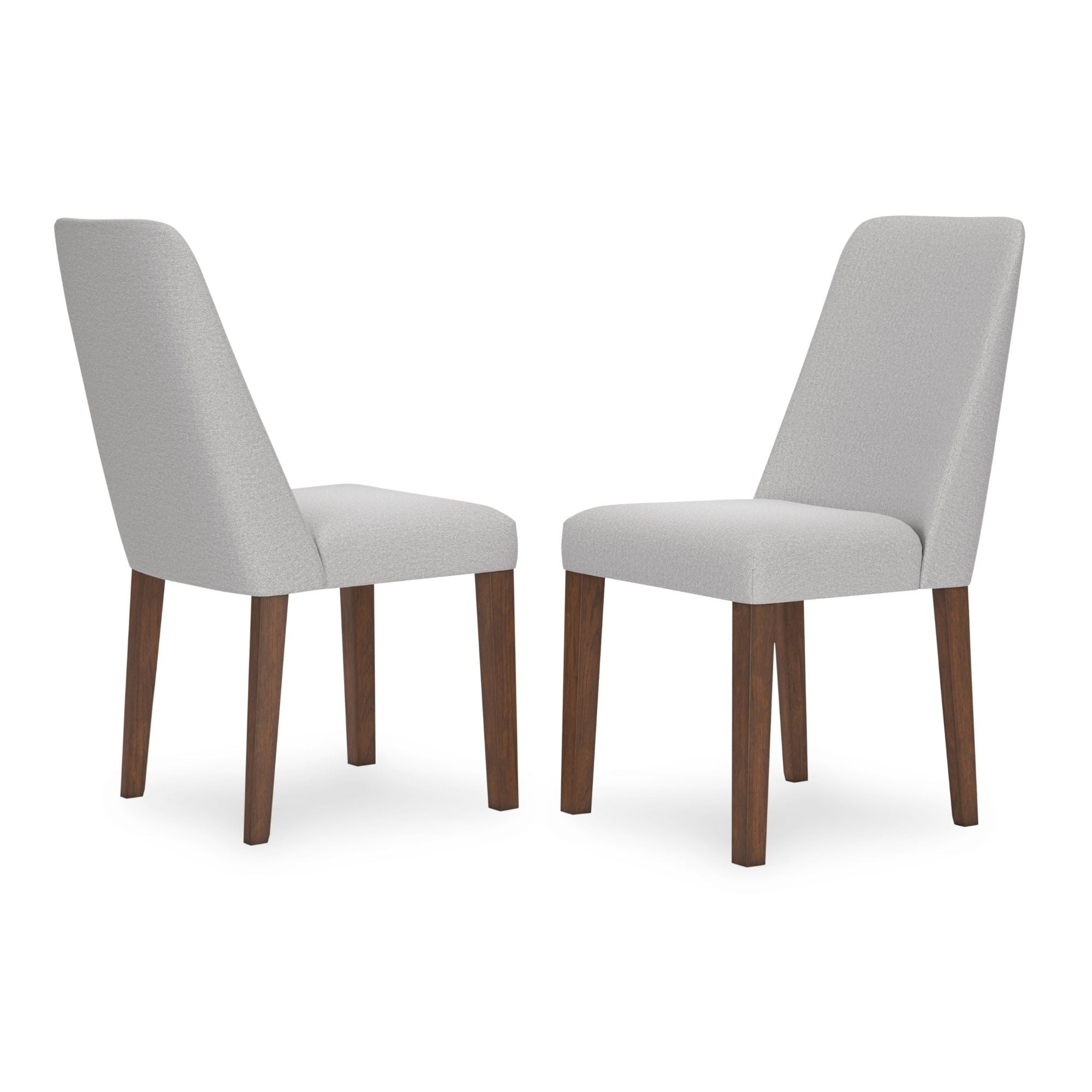 Set of two Signature Ashley Lyncott dining side chairs in light grey upholstery with wooden legs, shown from a front angle.