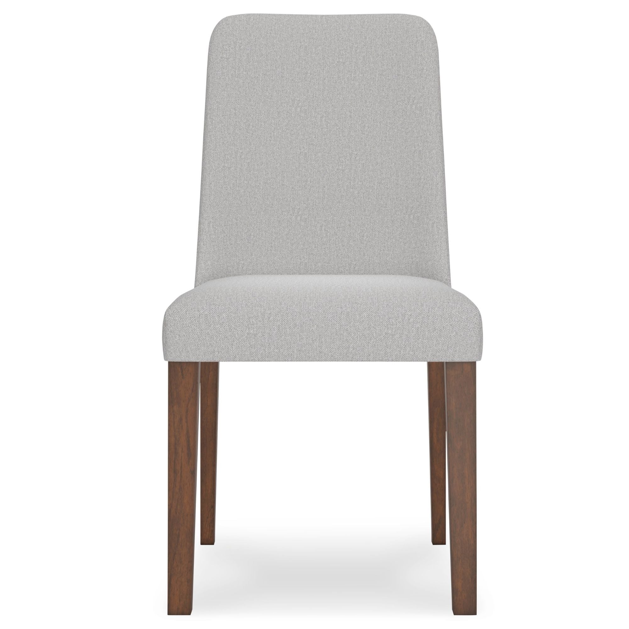 Set of two Signature Ashley Lyncott dining chairs with light grey upholstered seats and wooden legs, modern and comfortable for dining rooms.