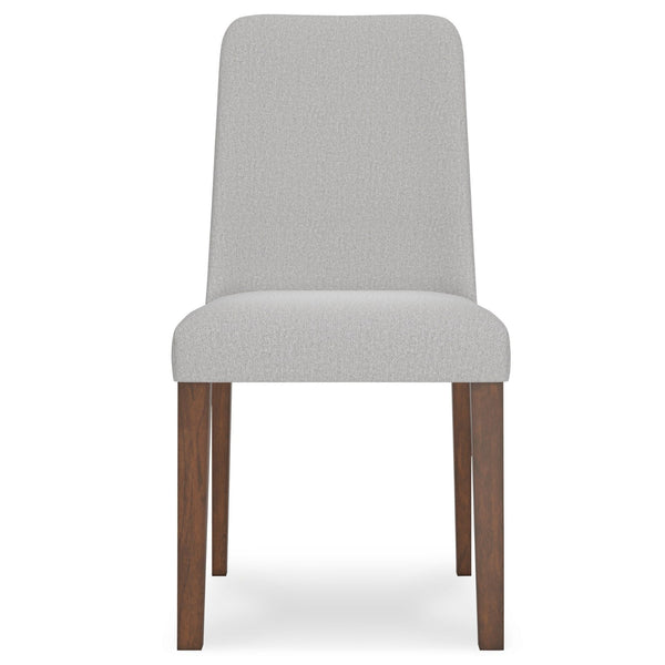 Set of two Signature Ashley Lyncott dining chairs with light grey upholstered seats and wooden legs, modern and comfortable for dining rooms.
