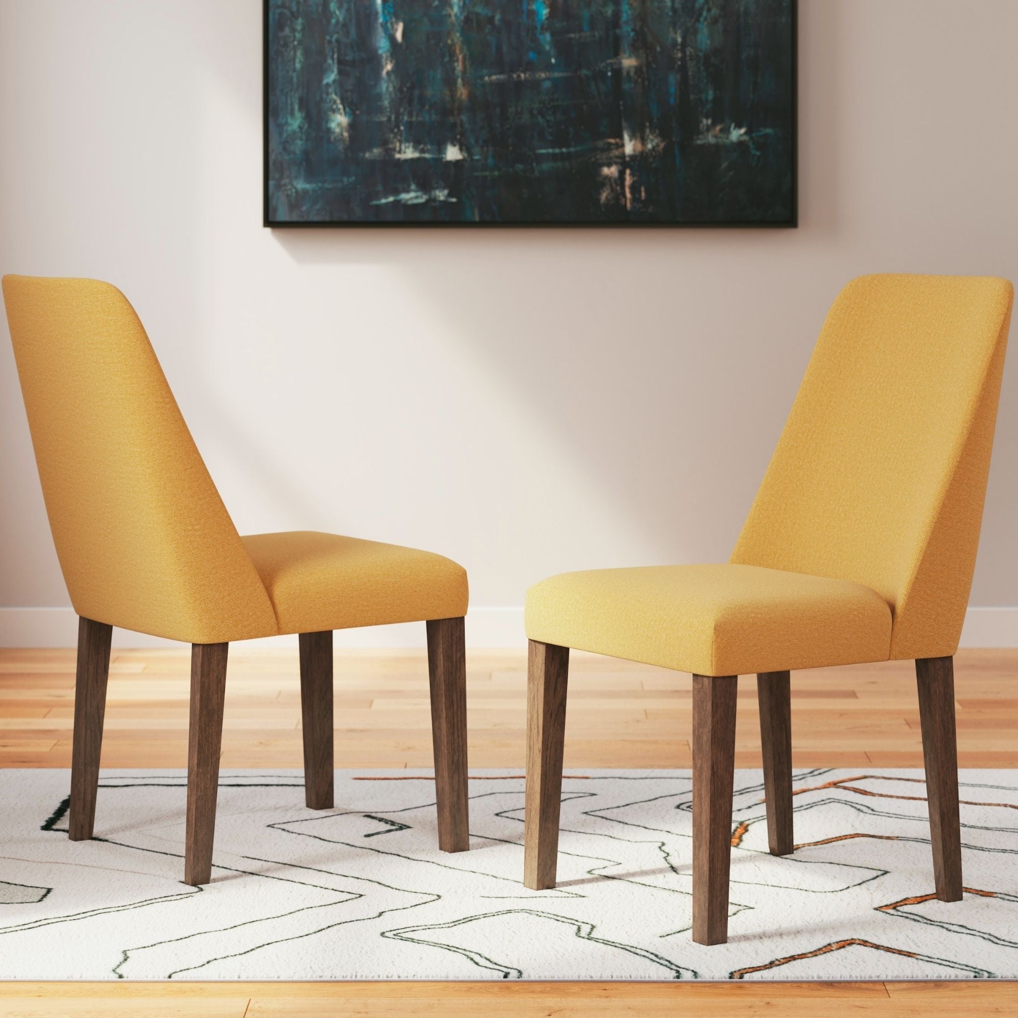 Ashley Lyncott Collection mustard dining room set with upholstered side chairs and wooden table, stylish and modern for dining spaces.