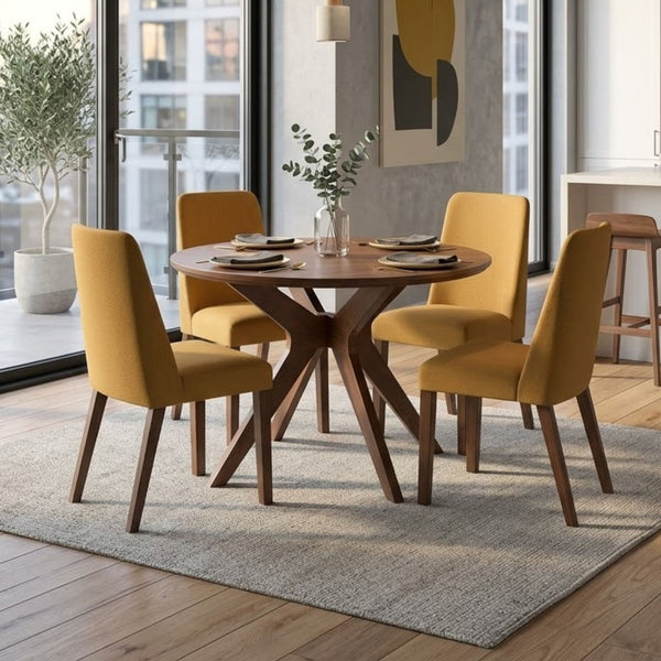 Round mustard yellow Lyncott collection dining room table by Signature Ashley, with a sleek wooden finish and modern design.