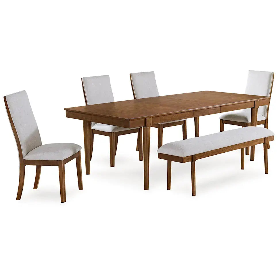 Lyncott dining room set with grey and brown wood finish, includes a table and matching bench, by Signature Ashley.
