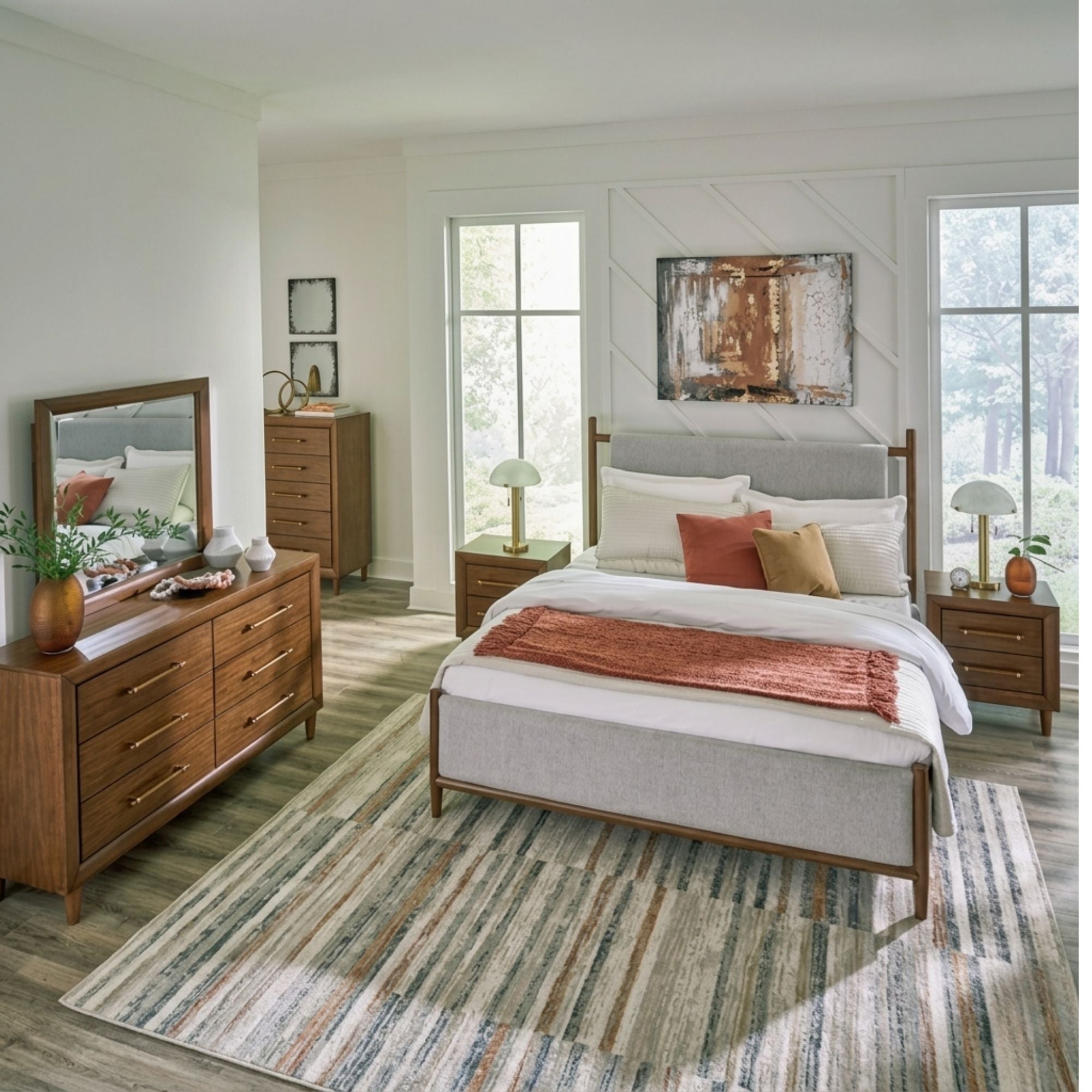 Lyncott upholstered panel bedroom set by Signature Design Ashley, featuring a bed with padded headboard and matching bedroom furniture.