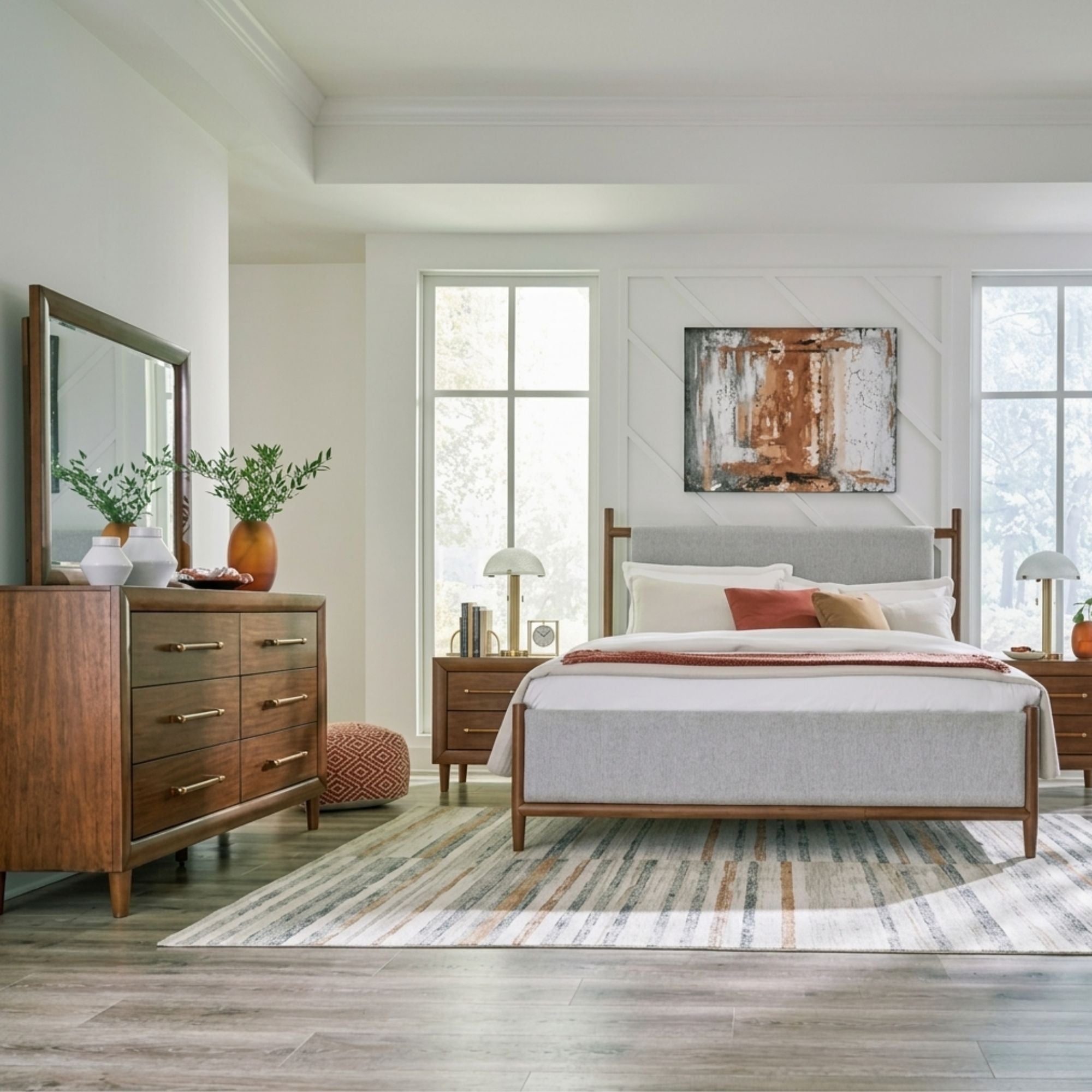 Lyncott upholstered panel bedroom set by Signature Design Ashley featuring a bed with a padded headboard and matching furniture pieces.