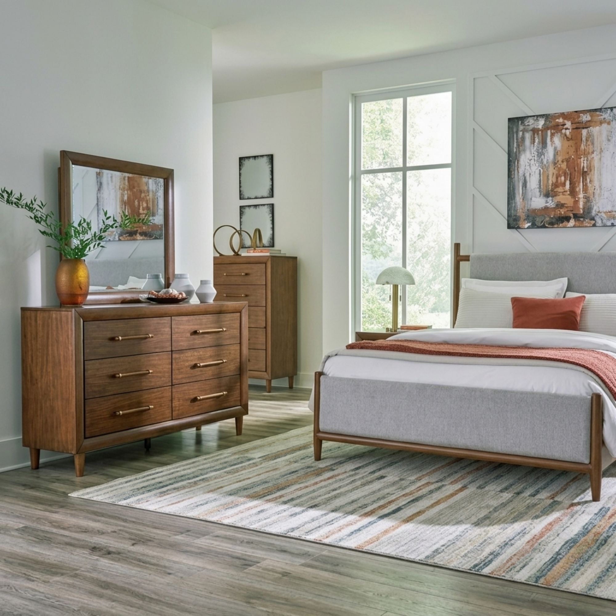 Lyncott upholstered panel bedroom set by Signature Design Ashley, featuring a bed with fabric headboard and matching bedroom furniture.