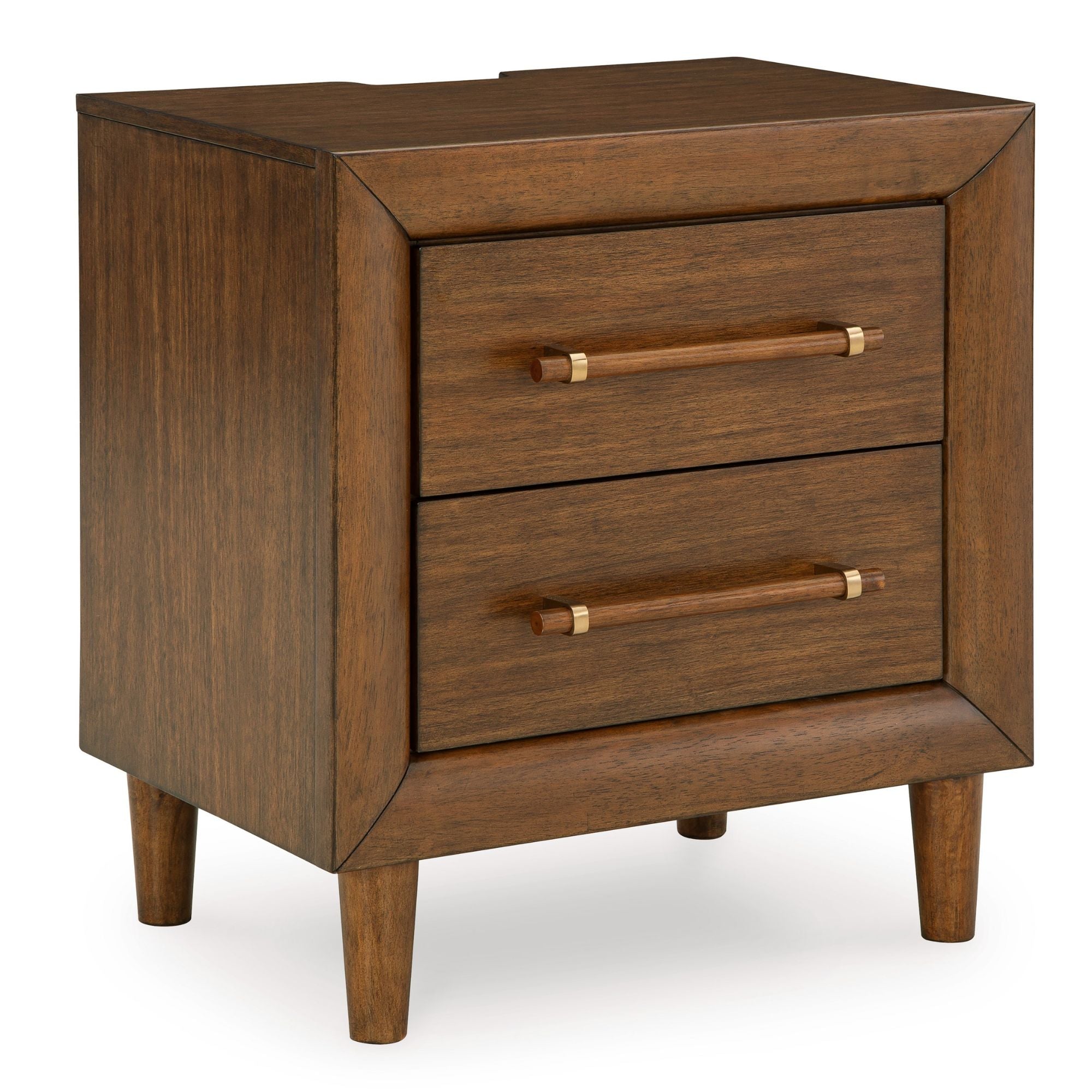 Lyncott two-drawer nightstand by Signature Ashley with dark wood finish and modern design, featuring sleek metal handles.