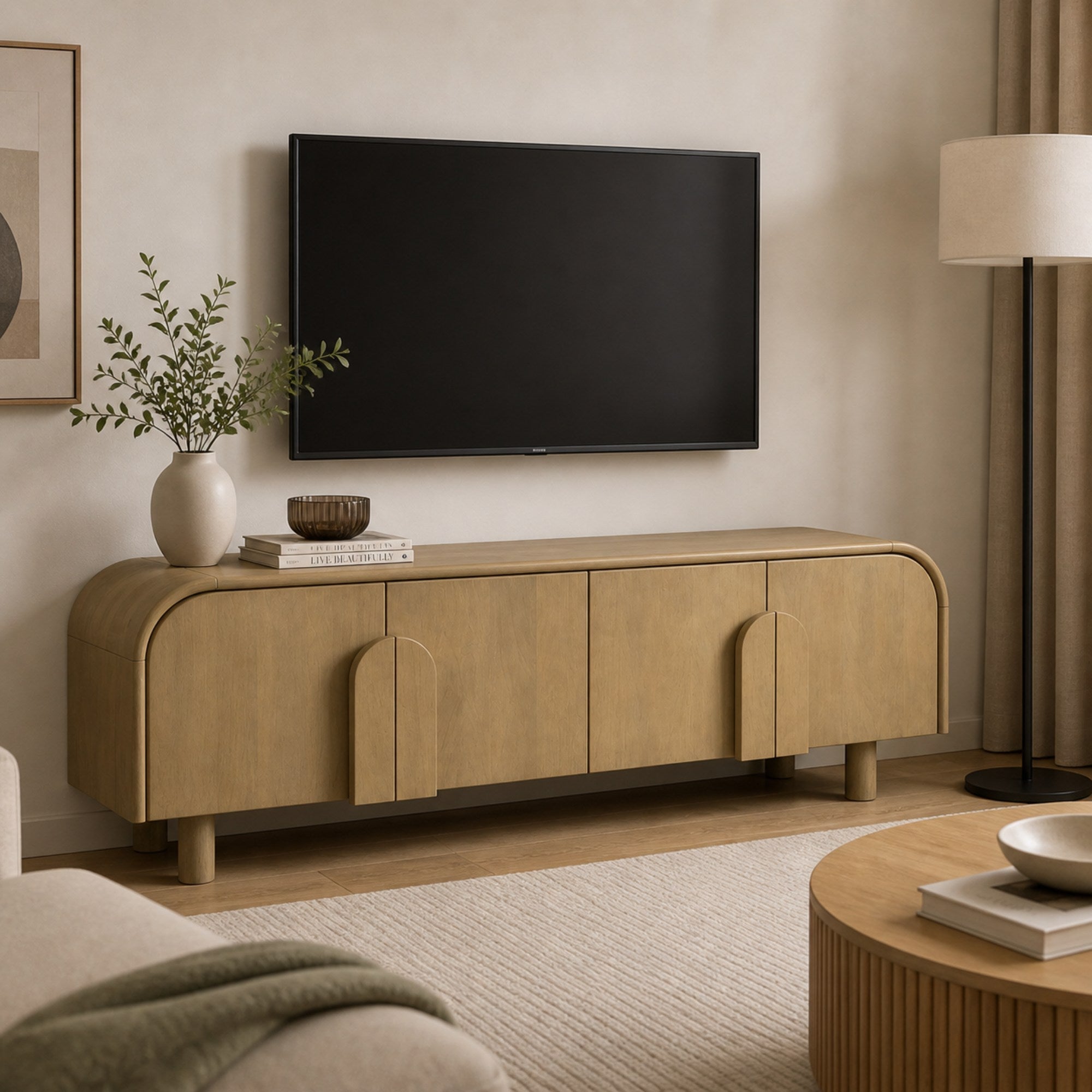 Brassex 63-inch TV stand in natural oak finish, made of mango wood, featuring a modern entertainment center design.