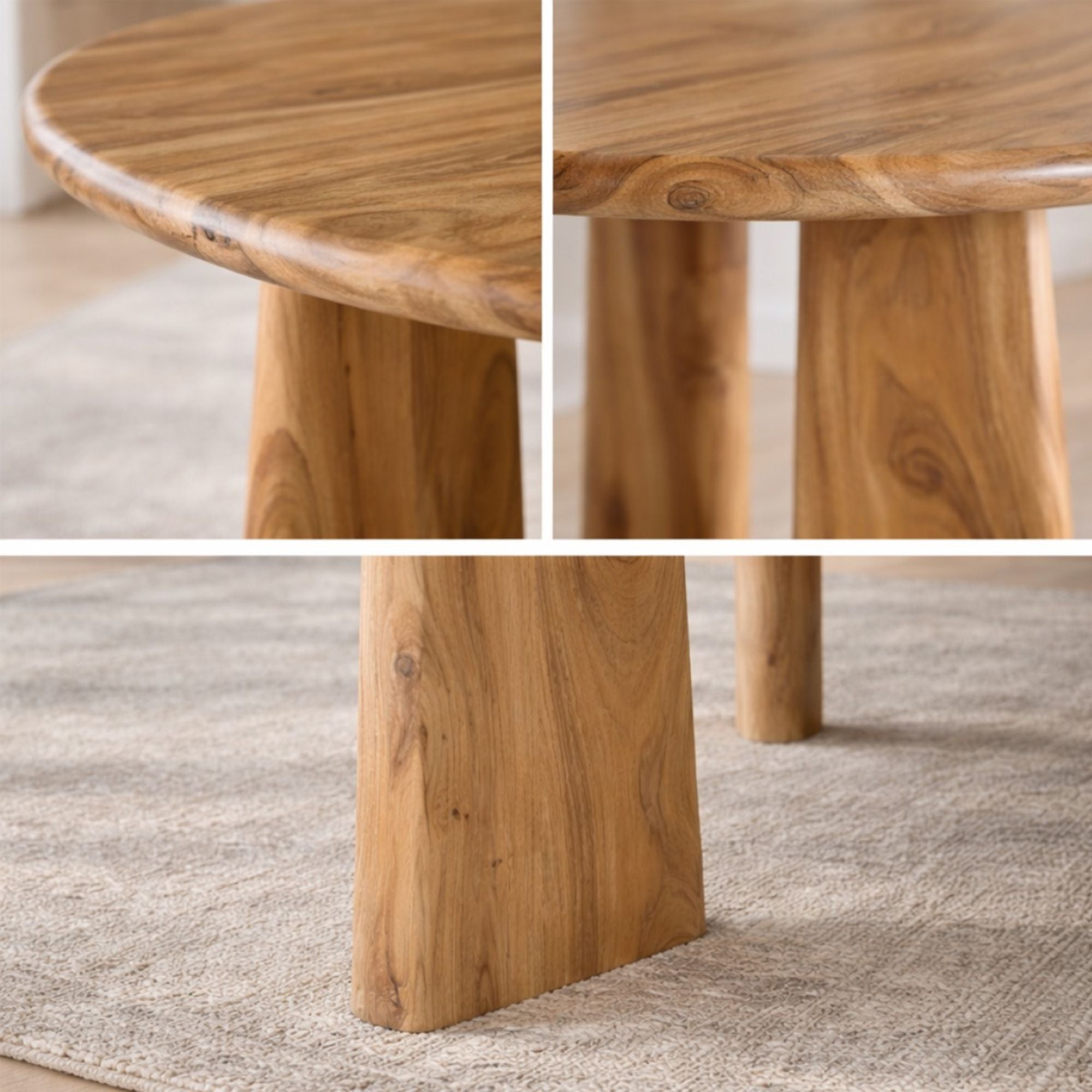 Brassex Felix mango wood round dining table with natural oak finish, showcasing smooth wooden surface and sturdy legs.