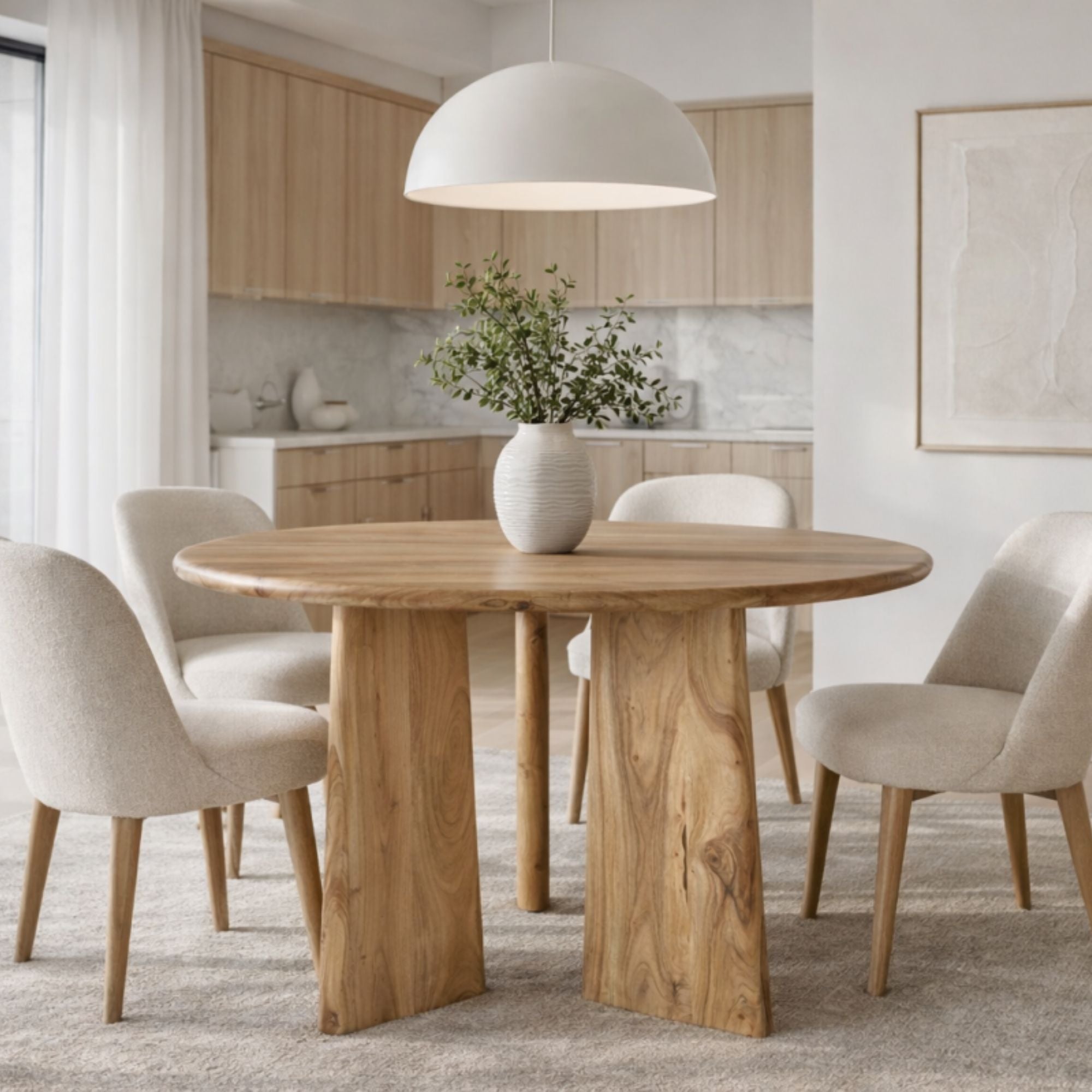 Natural oak Felix mango wood round dining table by Brassex, showcasing smooth surface and sturdy legs in a modern dining setting.