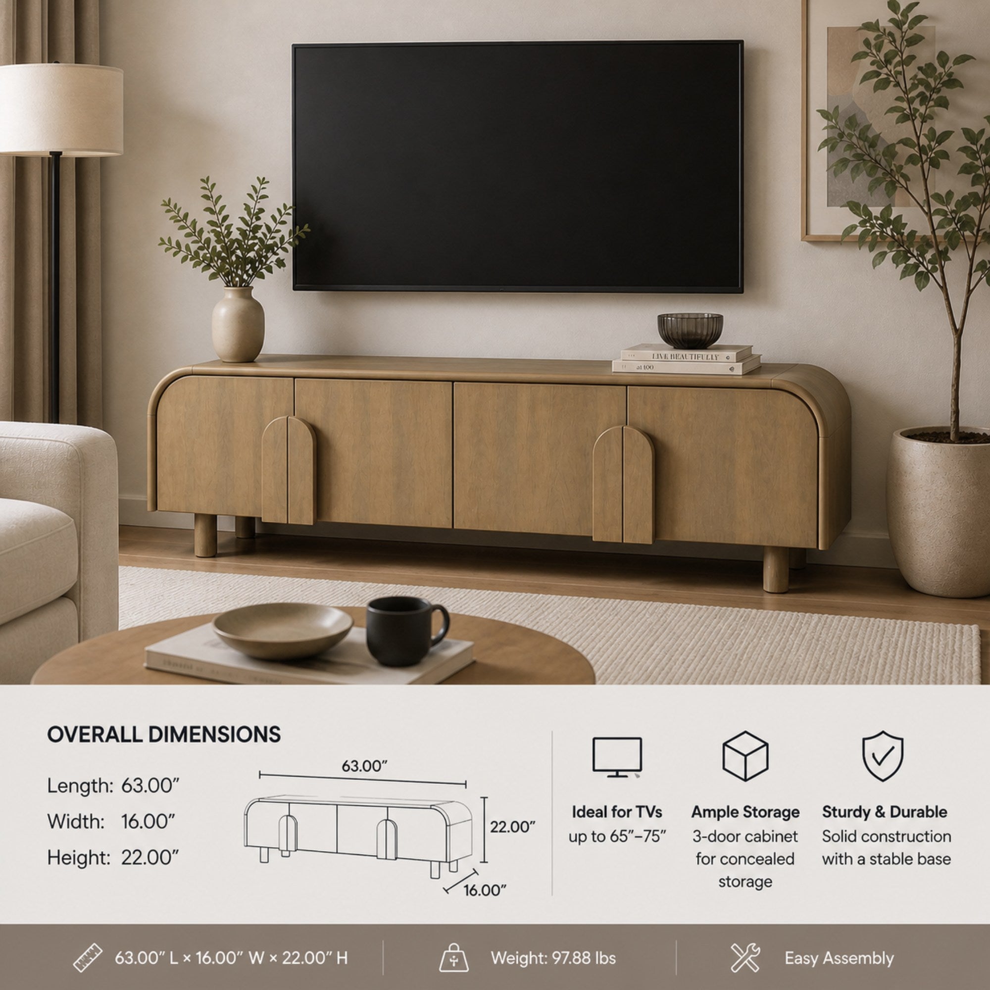 Natural oak 63-inch TV stand by Brassex with mango wood finish, featuring a sleek, modern design for living room entertainment.