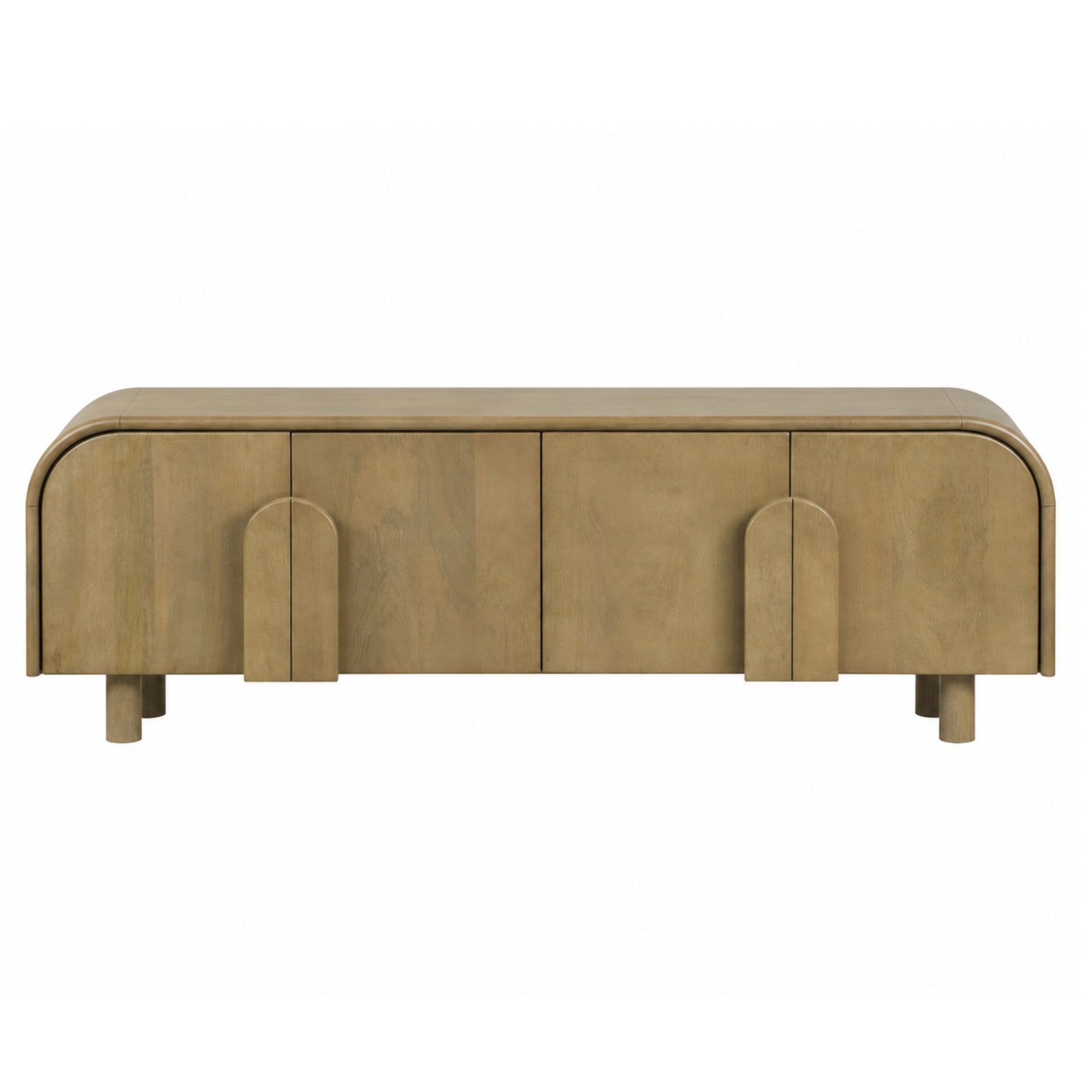 Natural oak 63-inch TV stand by Brassex with mango wood finish, featuring storage compartments and a sleek modern design.