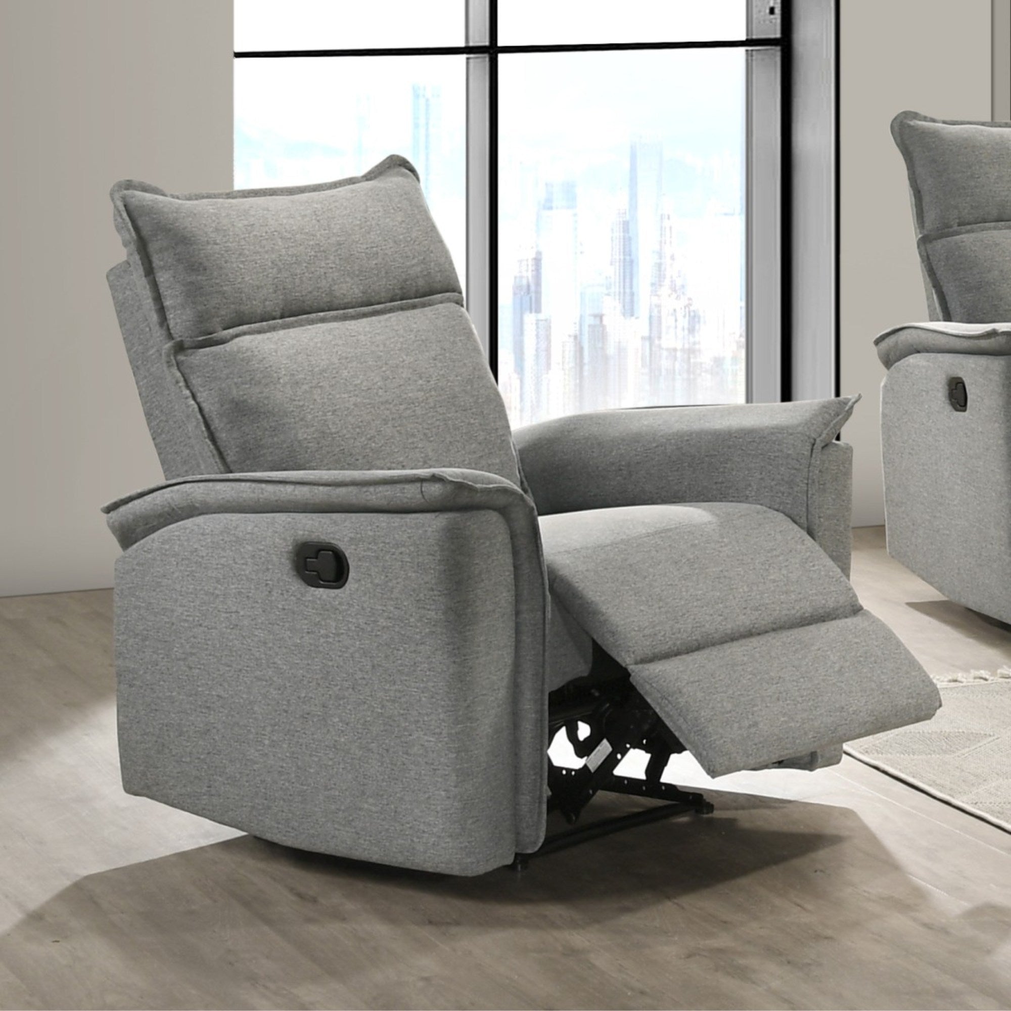 Brassex Sahara grey rocker recliner chair with mango wood accents, comfortable and stylish for living room relaxation.