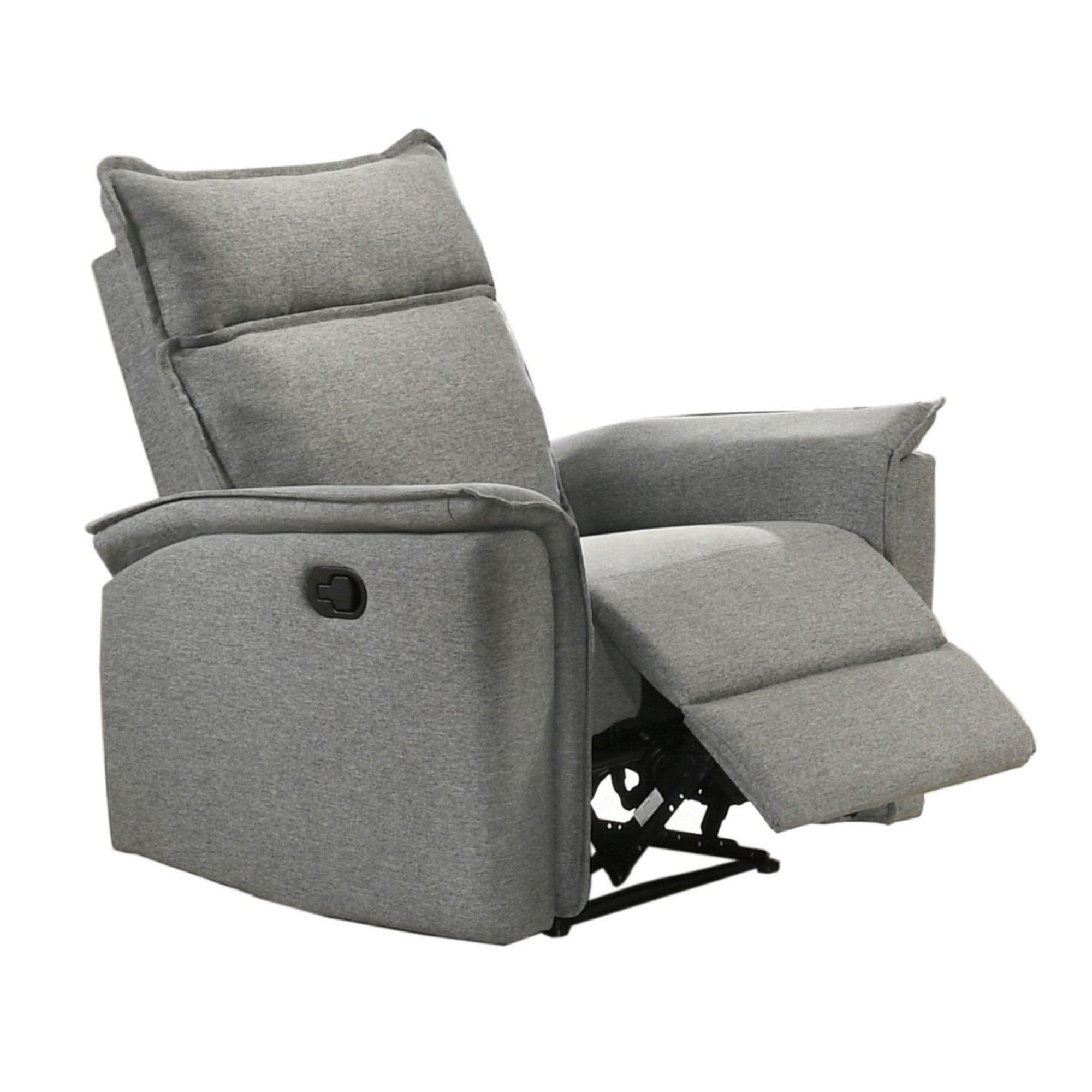 Brassex Sahara grey recliner chair with mango wood armrests, showcasing a comfortable and stylish rocker/recliner design.
