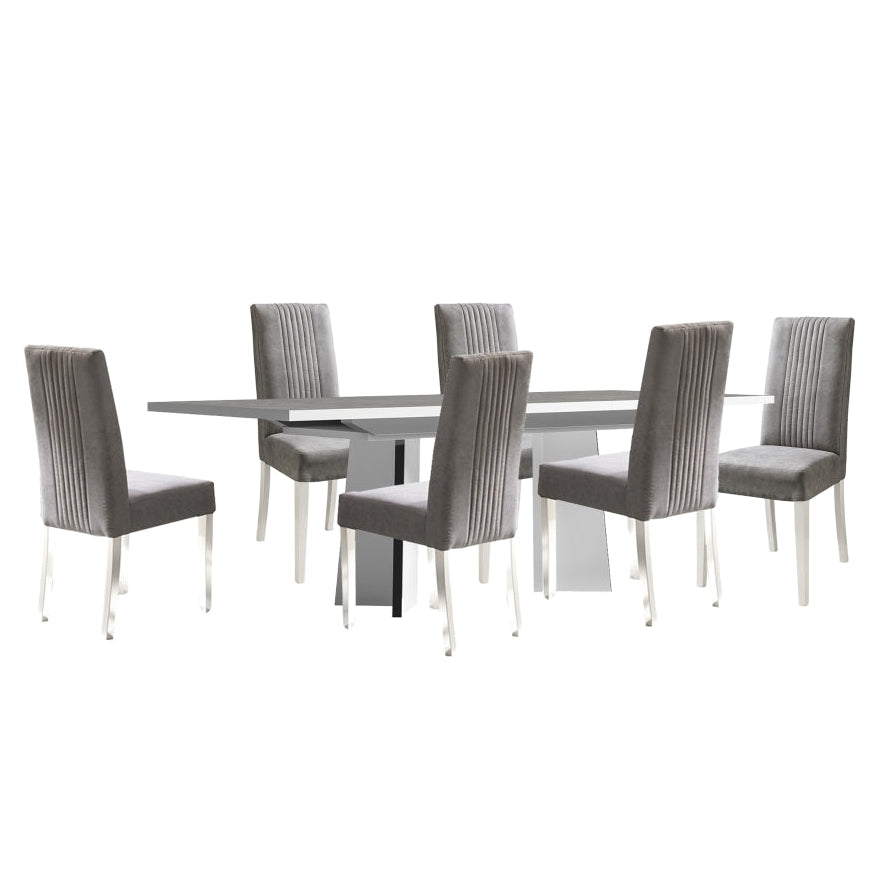 White Italian lacquer Mara 7-piece dining room set by Status Italia, featuring sleek table and matching chairs, angled view.