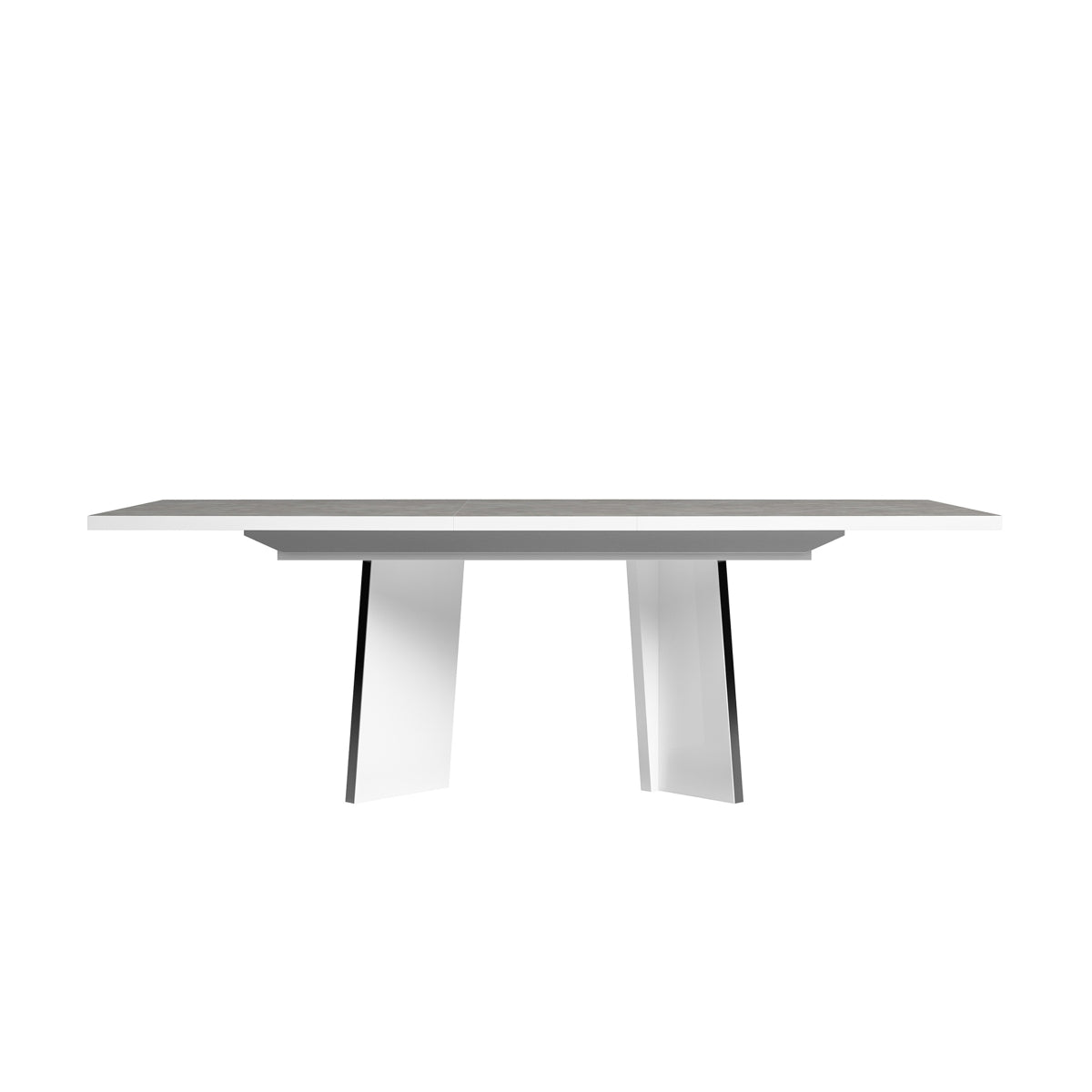 White Italian lacquer Mara 7-piece dining room set with extendable table and matching chairs by Status Italia.