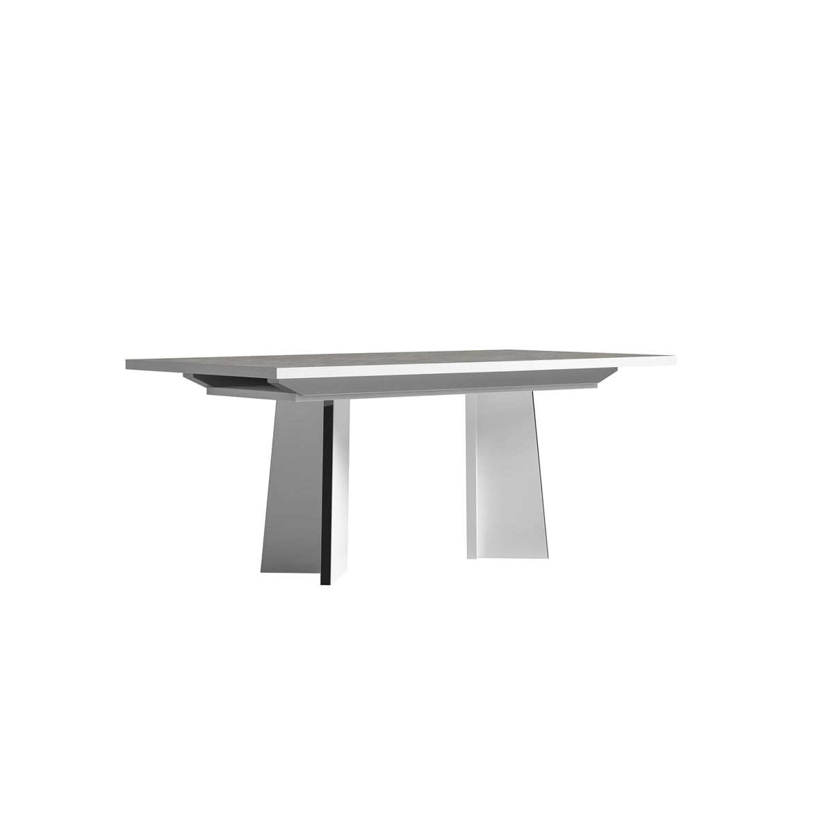 White Italian lacquer Mara 7-piece dining room set by Status Italia, featuring a sleek dining table and matching chairs.