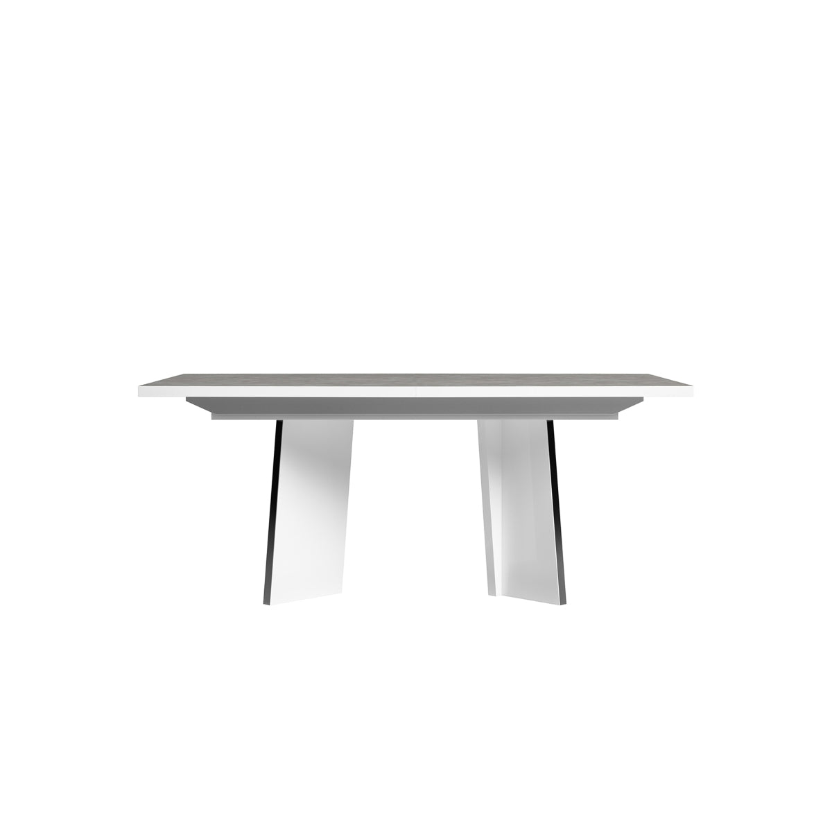 White Italian lacquer Mara 7-piece dining room set by Status Italia, includes table and matching chairs in a modern design.