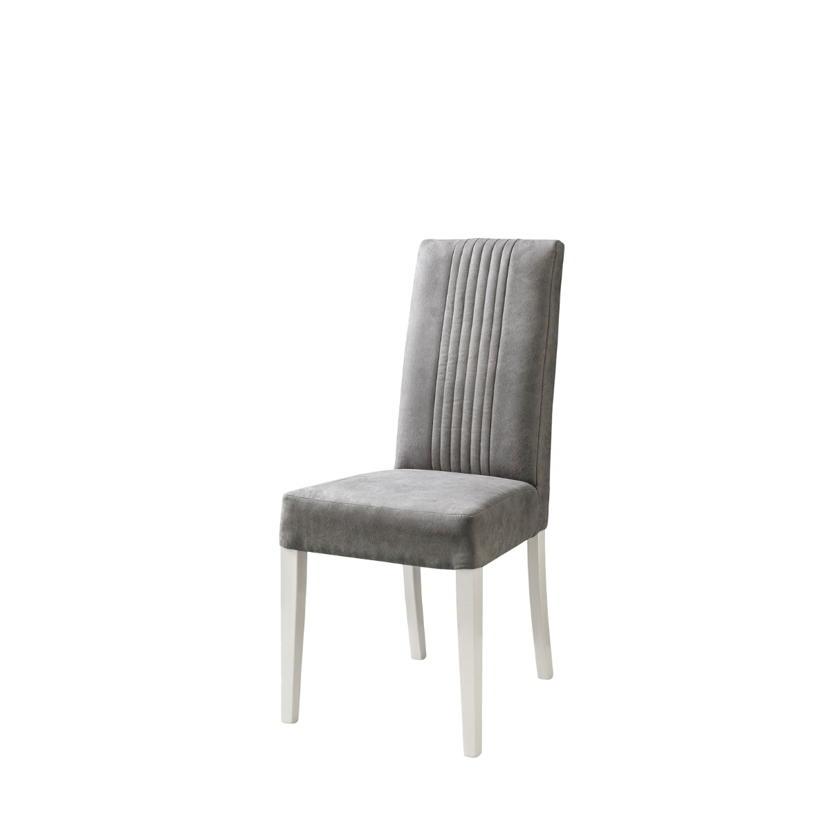 White Mara 7-piece dining room set by Status Italia featuring upholstered chairs and Italian lacquer finish.