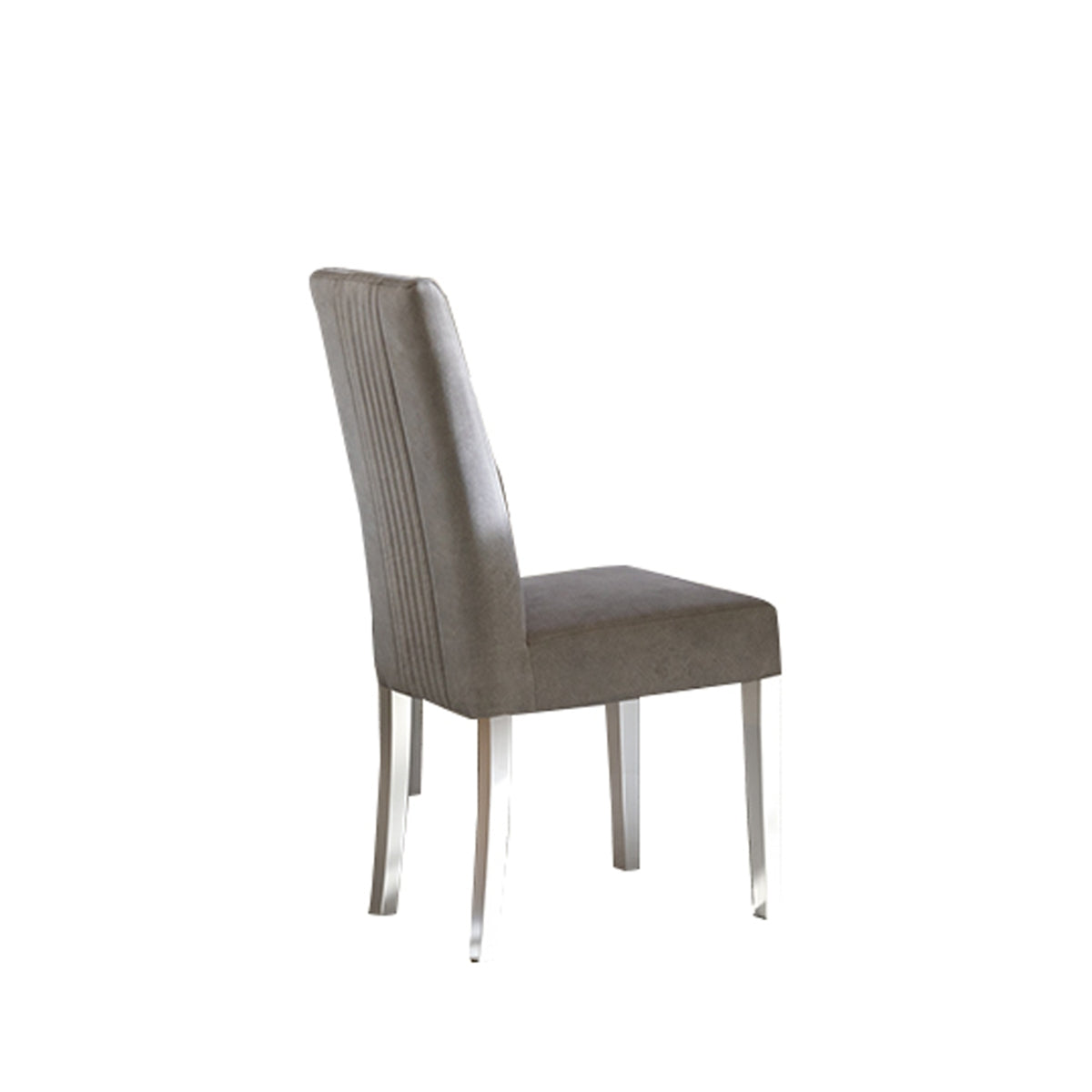 Back view of a white upholstered chair from the Mara 7-piece Italian lacquer dining room set by Status Italia.