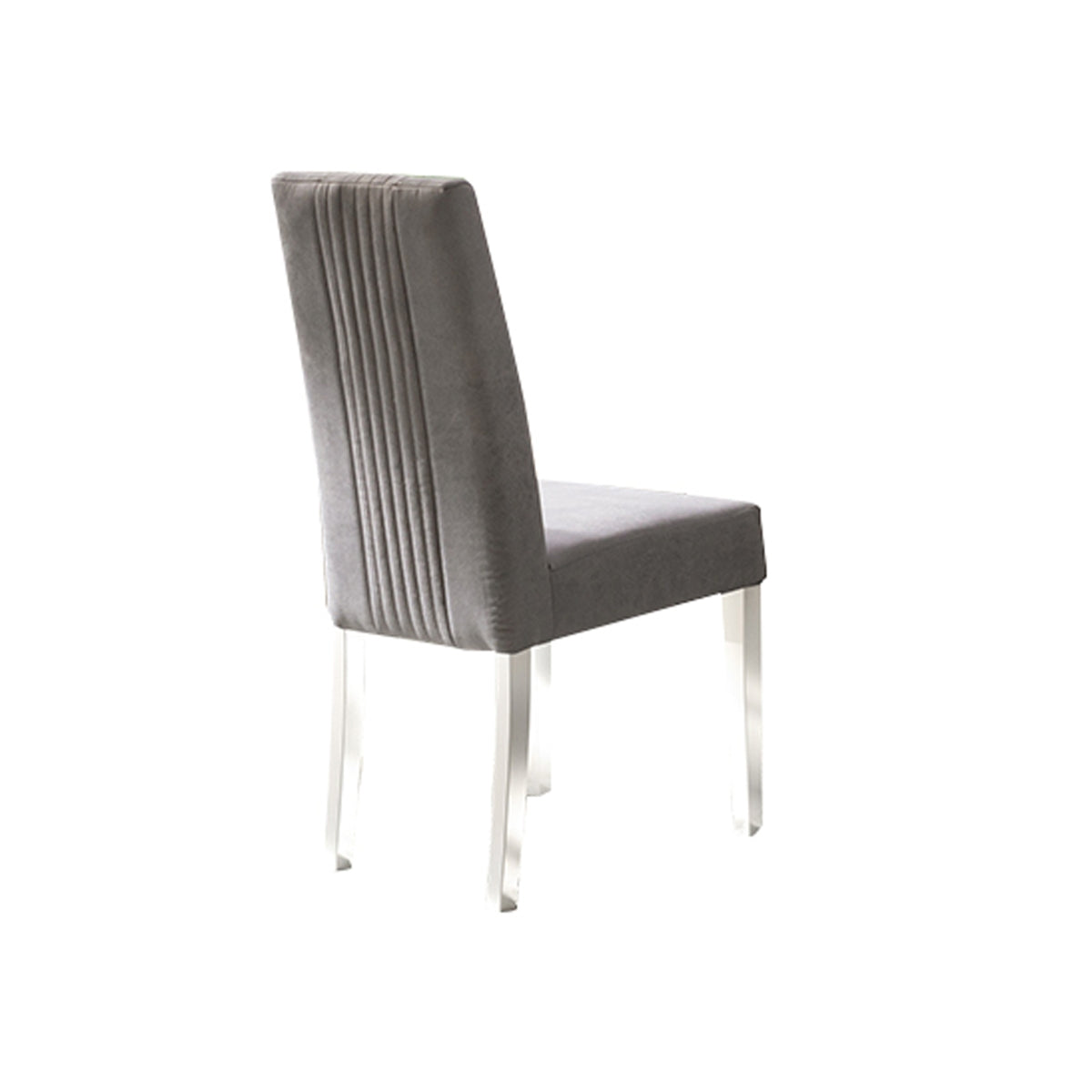 Back view of a Mara 7-piece white Italian lacquer dining room set by Status Italia, featuring upholstered chairs.