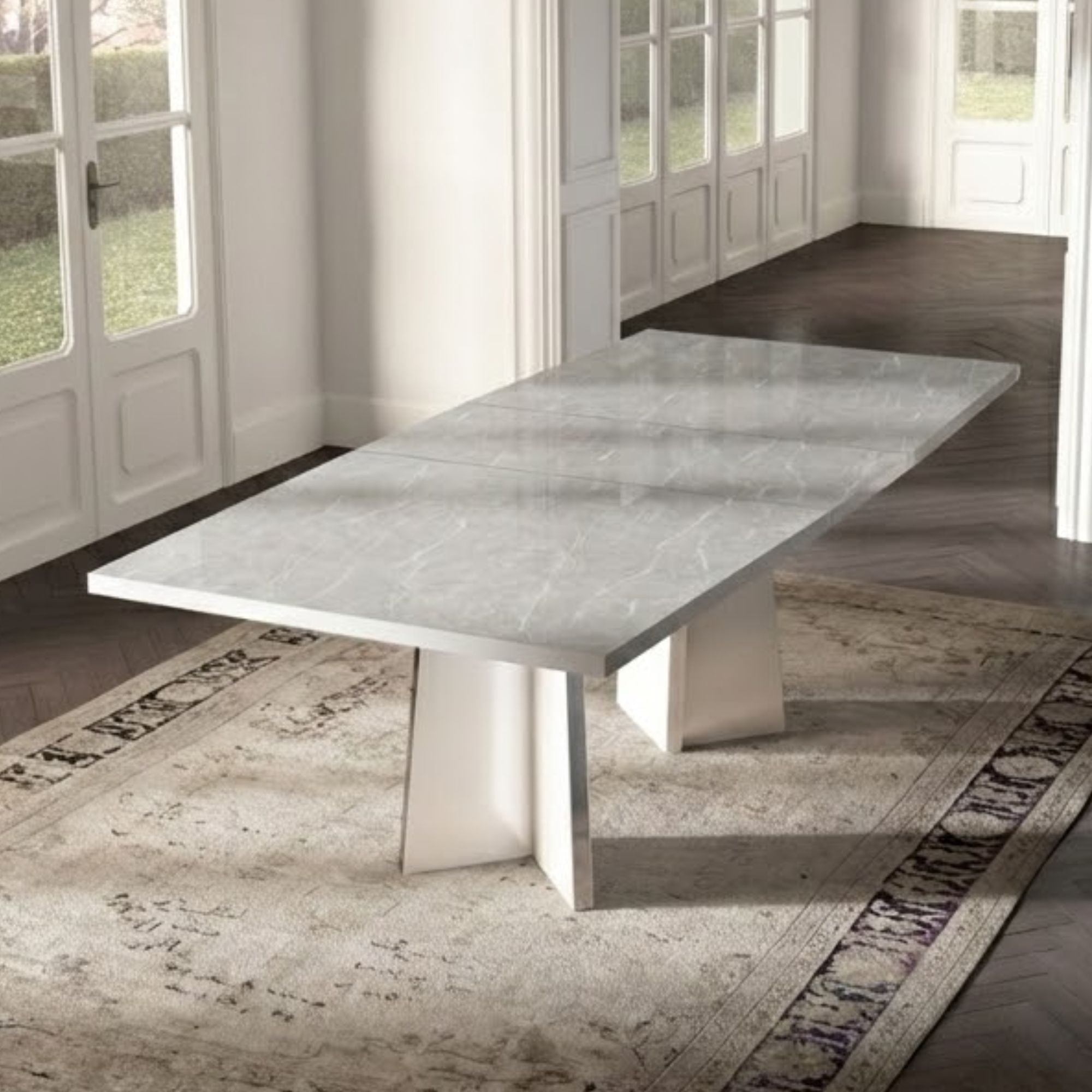 White Italian lacquer Mara 7-piece dining room set by Status Italia, includes table and matching chairs with sleek modern design.