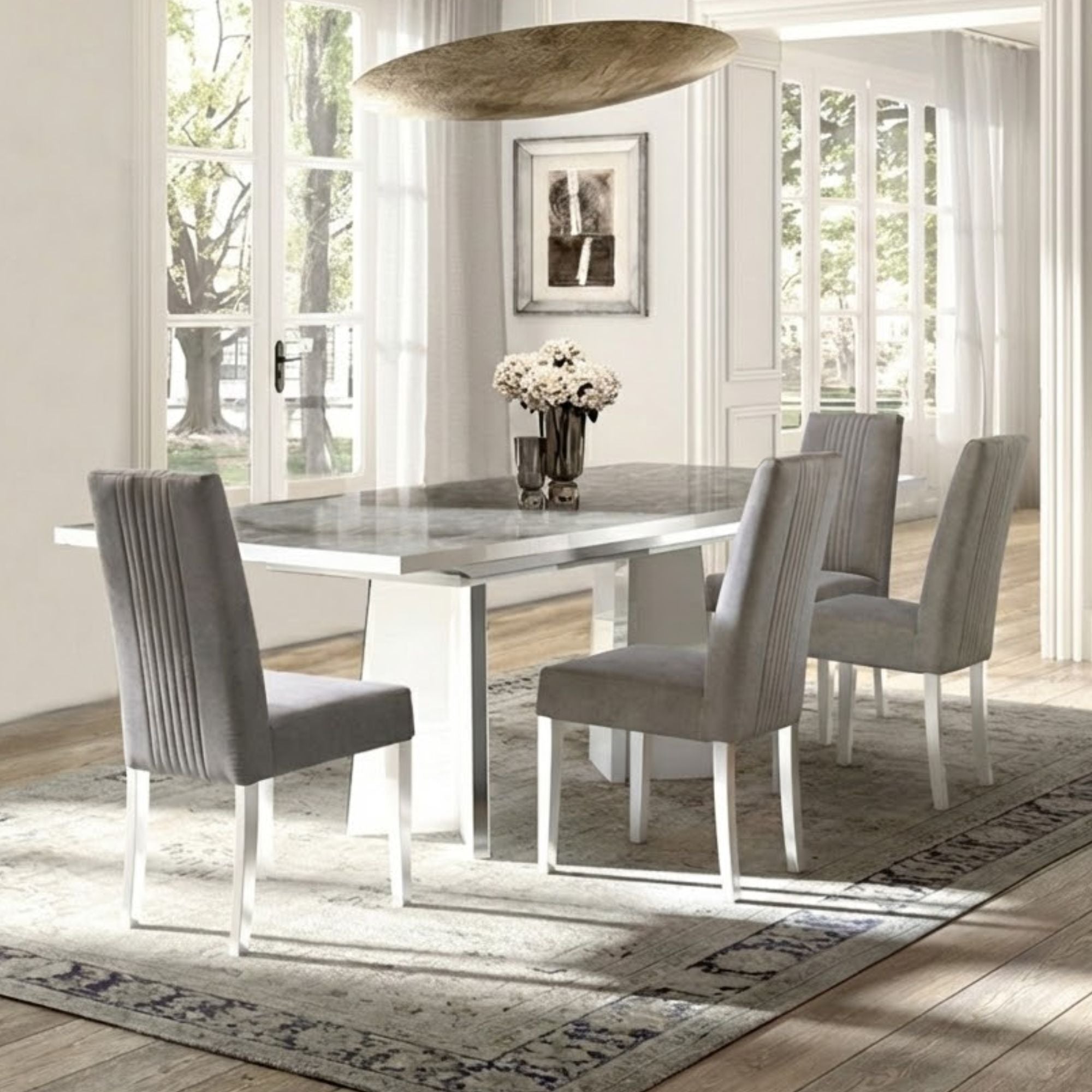 White Italian lacquer Mara 7-piece dining room set by Status Italia, includes table and matching chairs in a modern design.