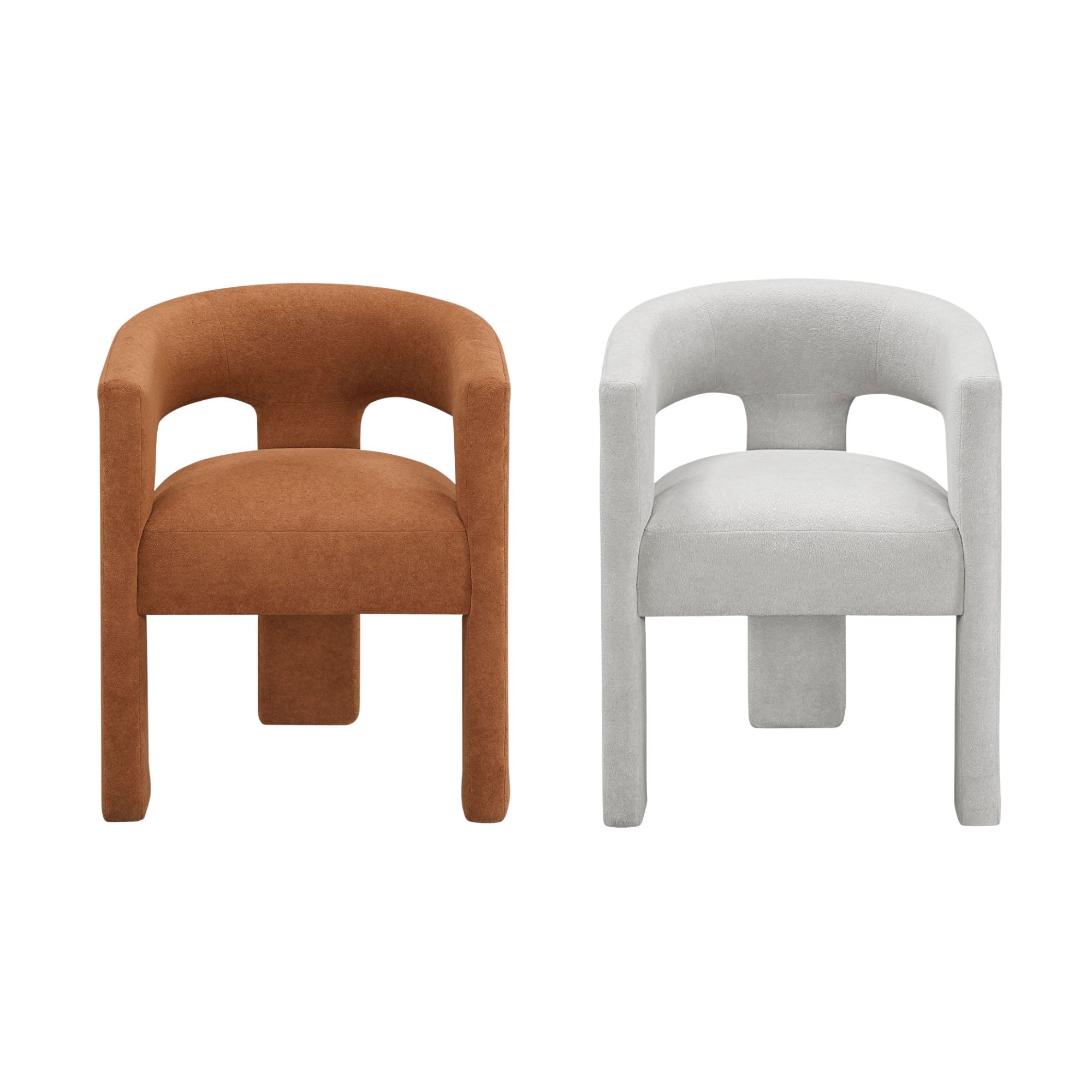 MAZ Marais dining side chair with soft orange boucle upholstery, modern design, and wooden legs.