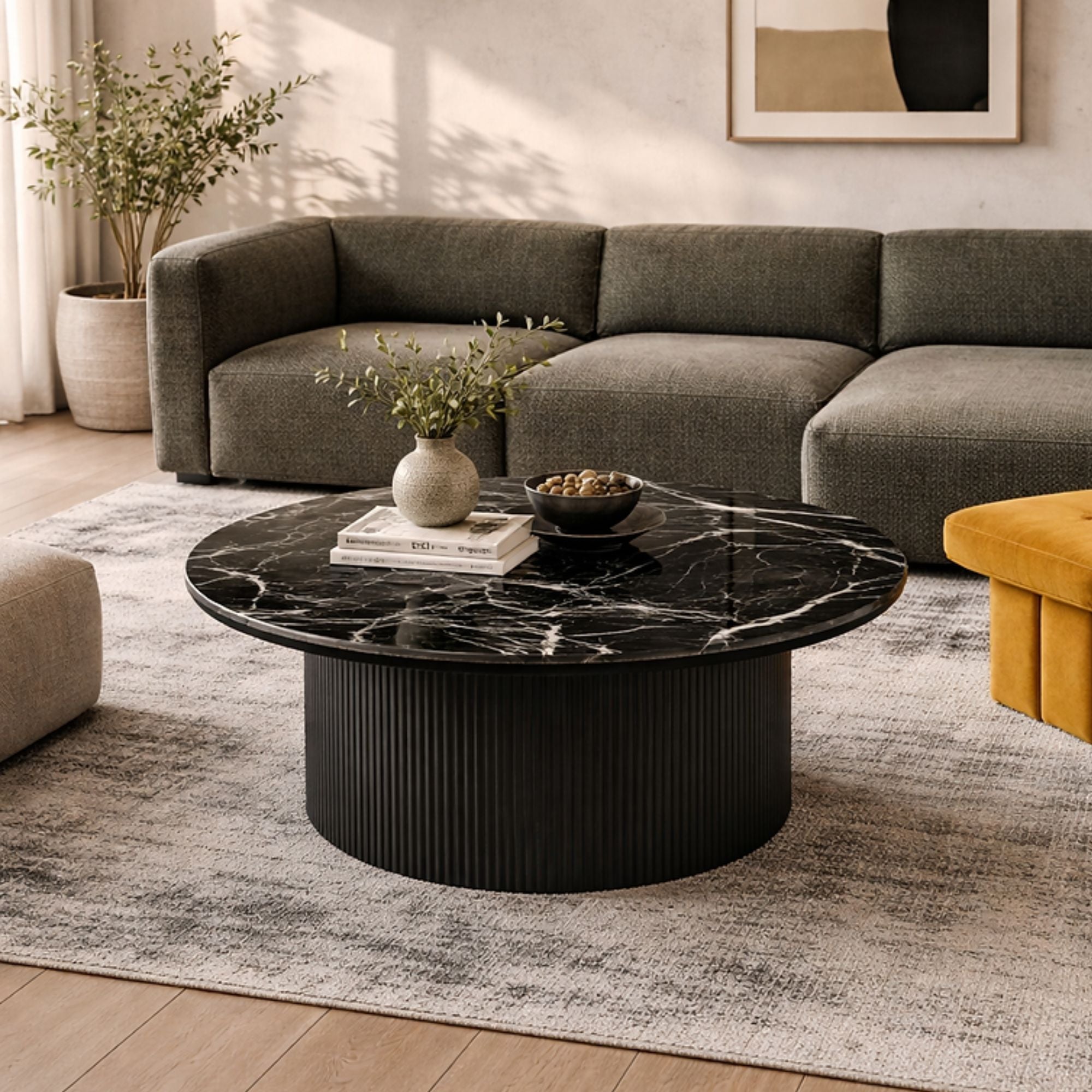 Roman Black Marble Coffee Table Black Base