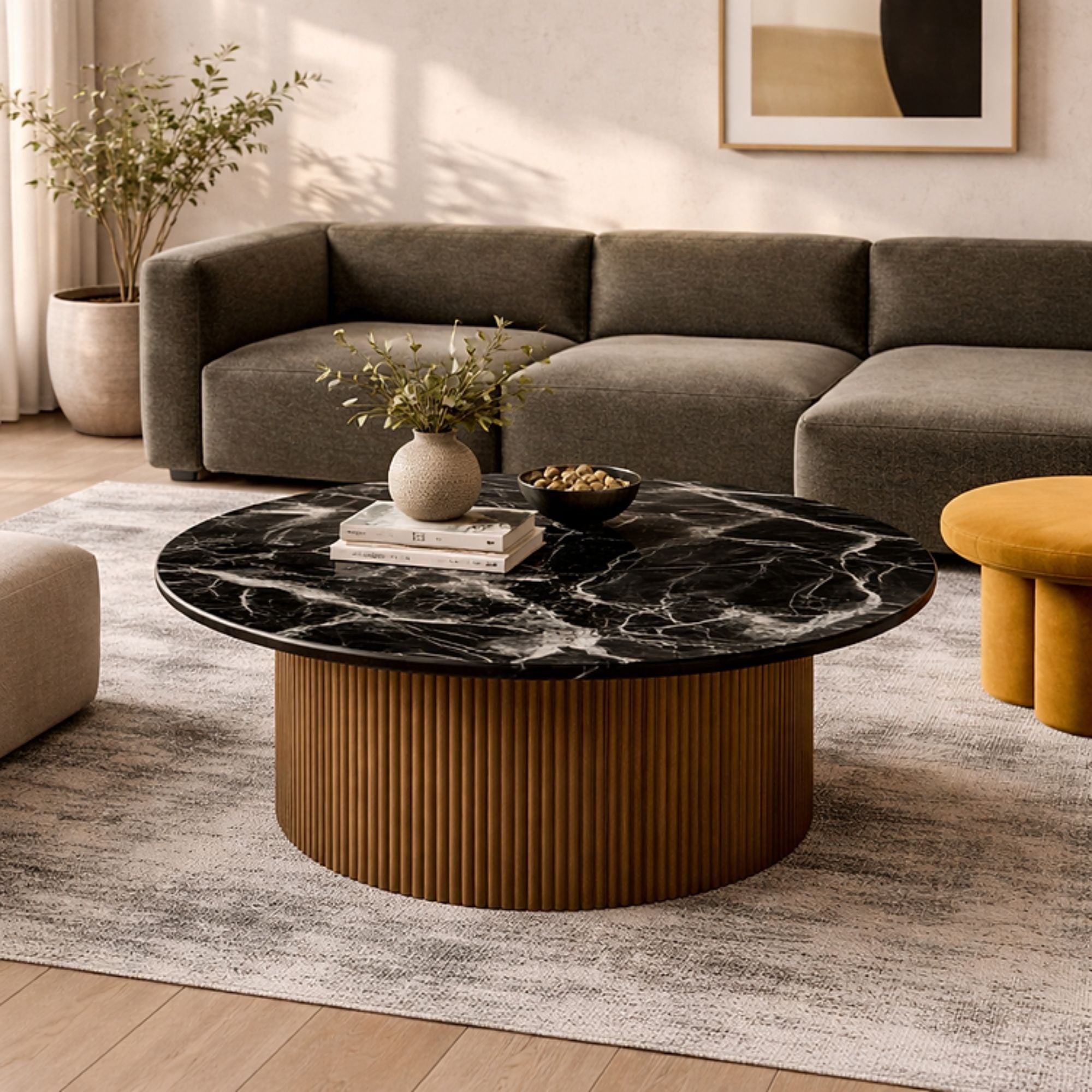 Elite Living black marble coffee table with a walnut wood base, showcasing a sleek, modern design and polished marble surface.