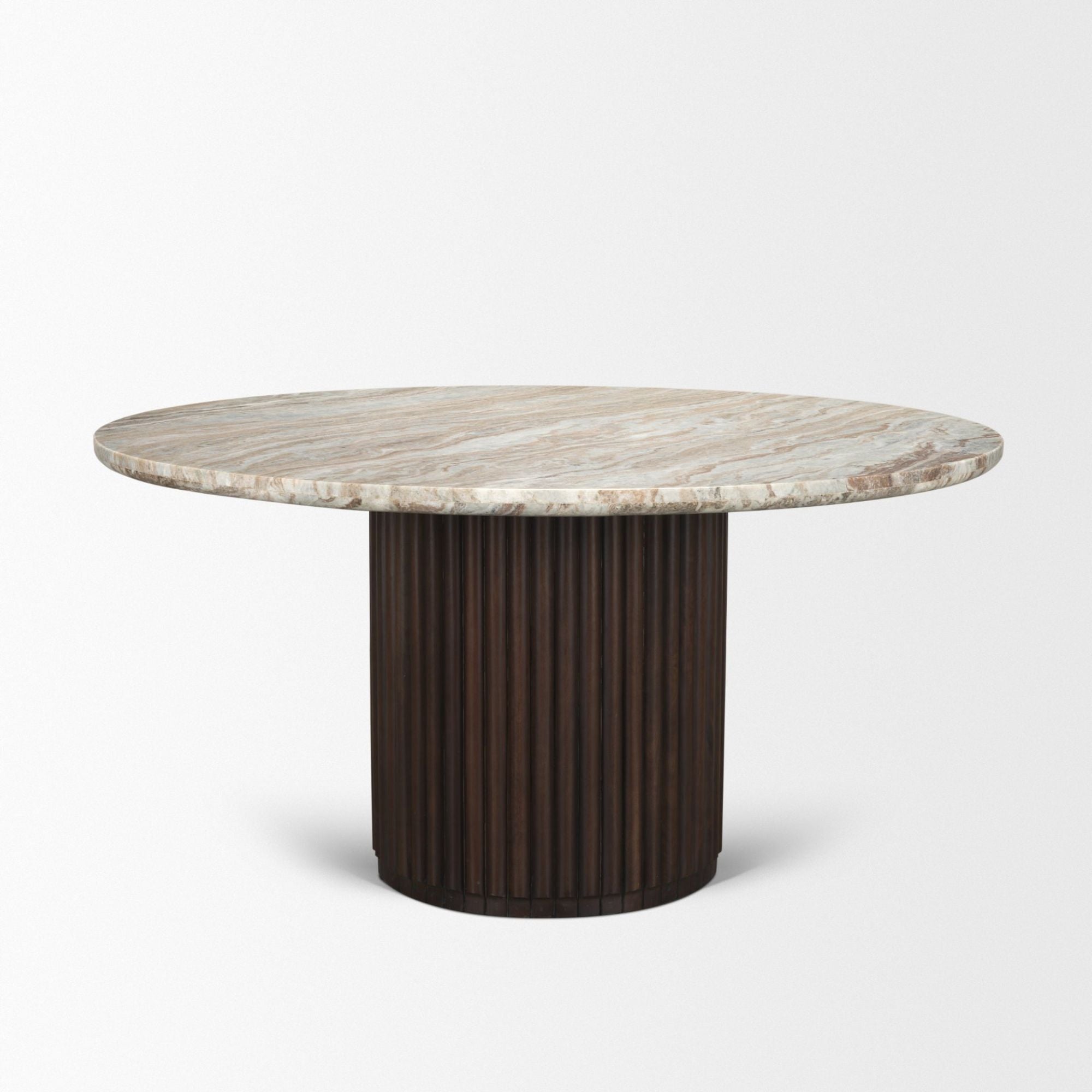 Mercana Marbrello 60-inch pink marble top wood dining table with sleek design and sturdy legs, ideal for modern dining rooms.