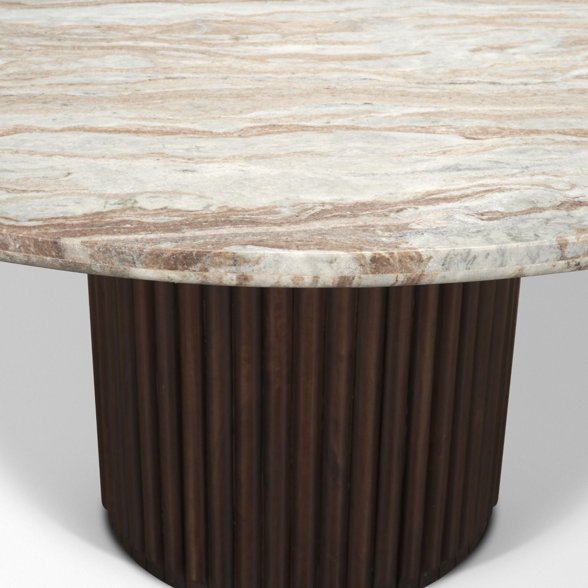 Mercana Marbrello 60-inch pink marble top wood dining table, showcasing elegant tabletop and sturdy wooden legs.