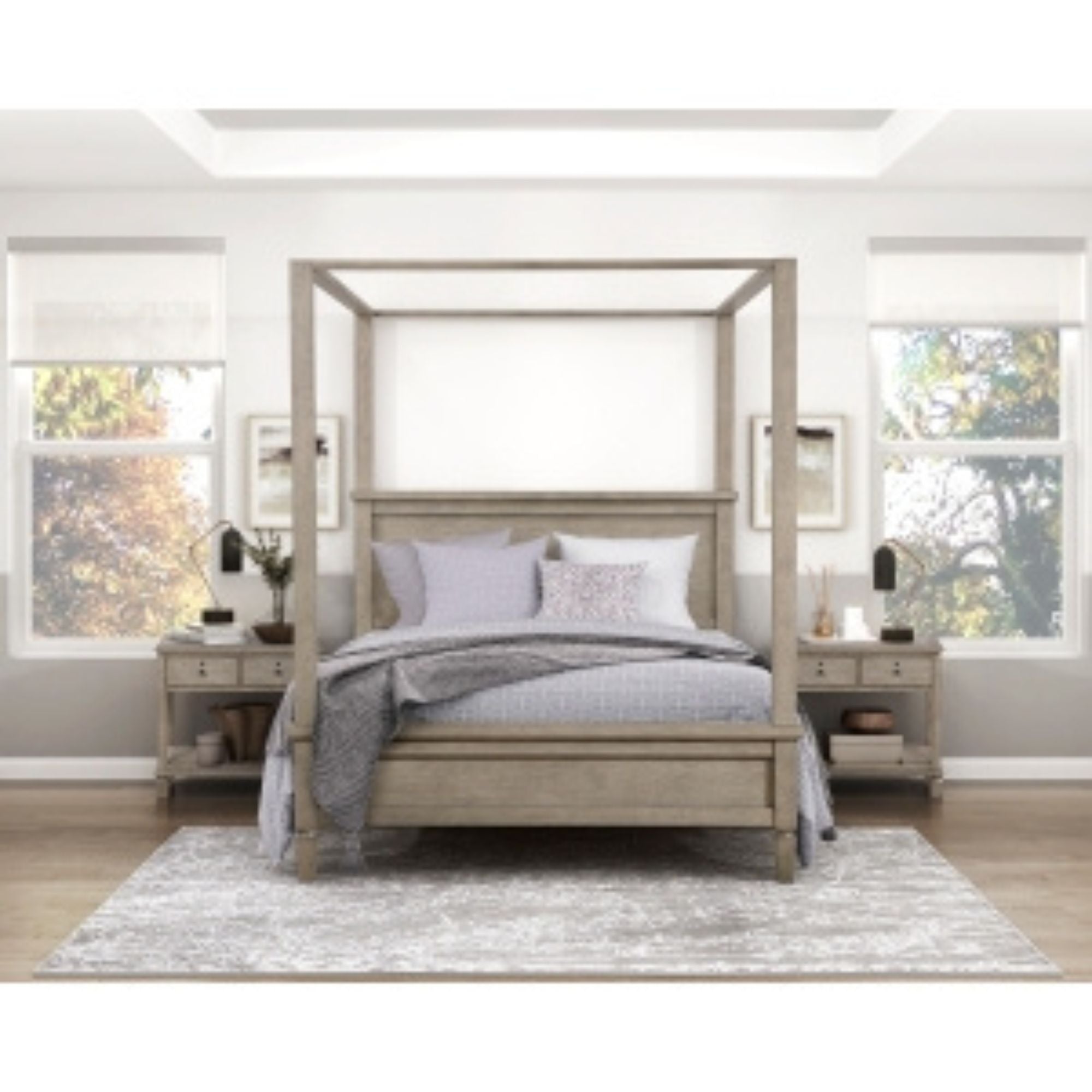 M.A.F Marceline Collection Canopy Bed featuring elegant design and draped fabric in a stylish bedroom setting.