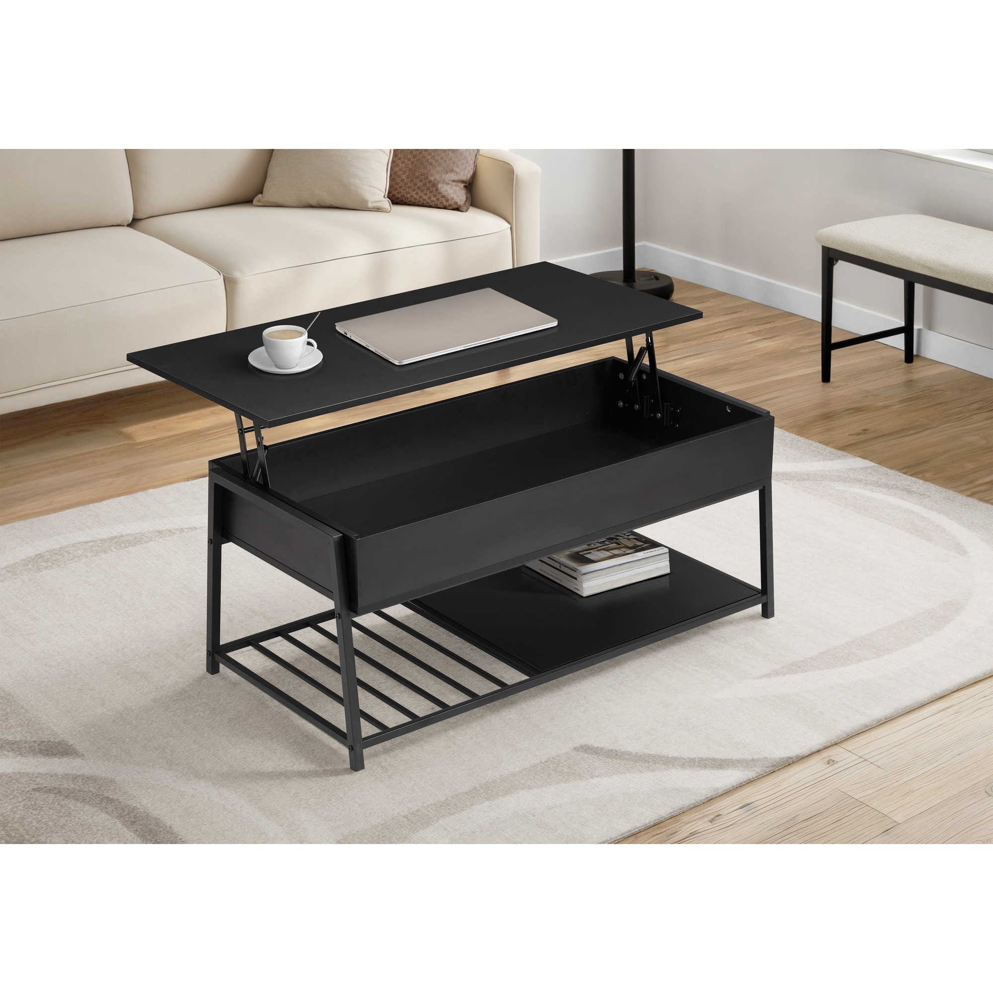 Black Marq coffee table by Monarch Specialties, showcasing a modern design with a sleek surface and sturdy legs.