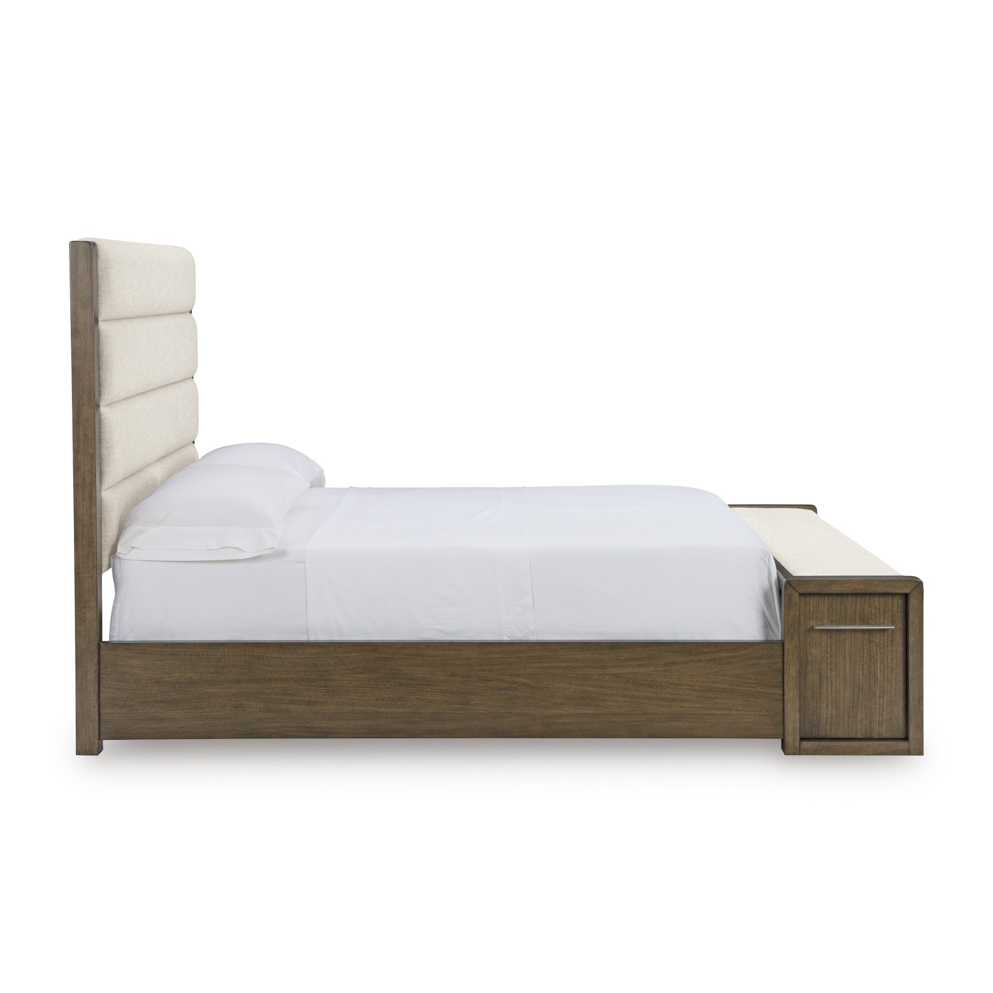 Signature Ashley Marxmore upholstered storage bed with padded headboard and built-in drawers in a modern bedroom setting.