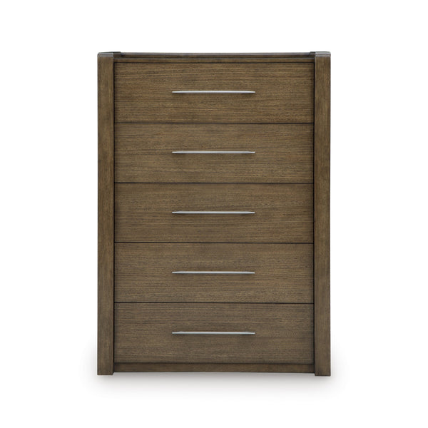 Signature Ashley Marxmore upholstered storage bed with a padded headboard and built-in drawers in a modern bedroom setting.