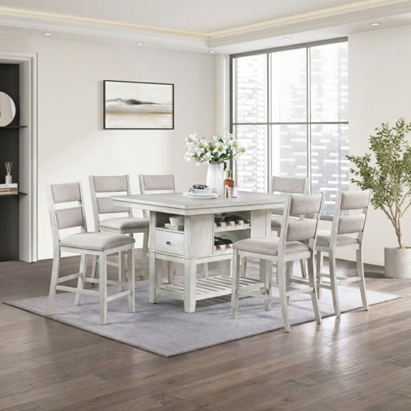 M.A.F Mason Collection 7-piece light grey counter height dining set with matching chairs and table, modern and stylish for kitchen or dining area.