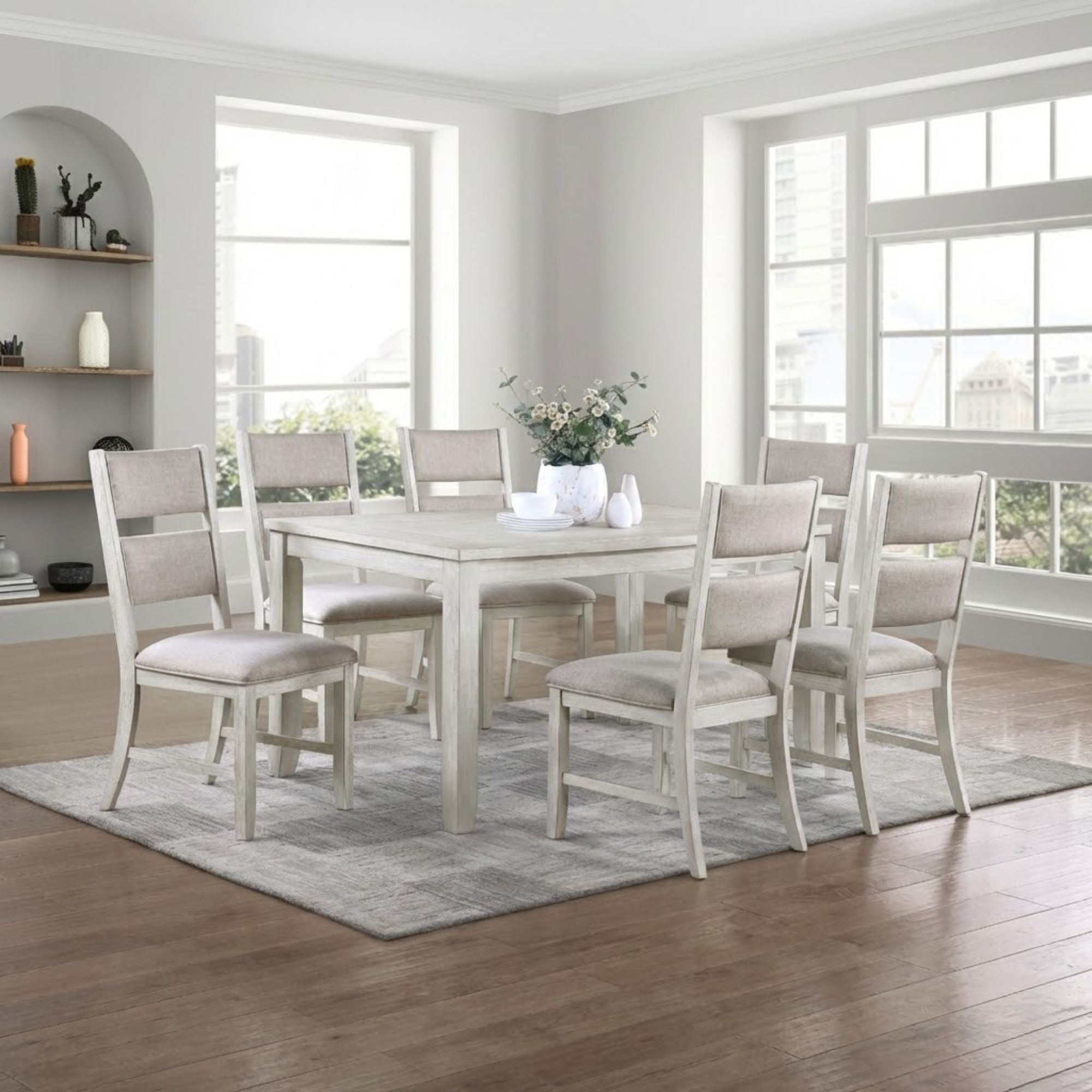 MAZ Mason Collection 7-piece dining room set with light grey finish, includes dining table and matching chairs for modern dining space.