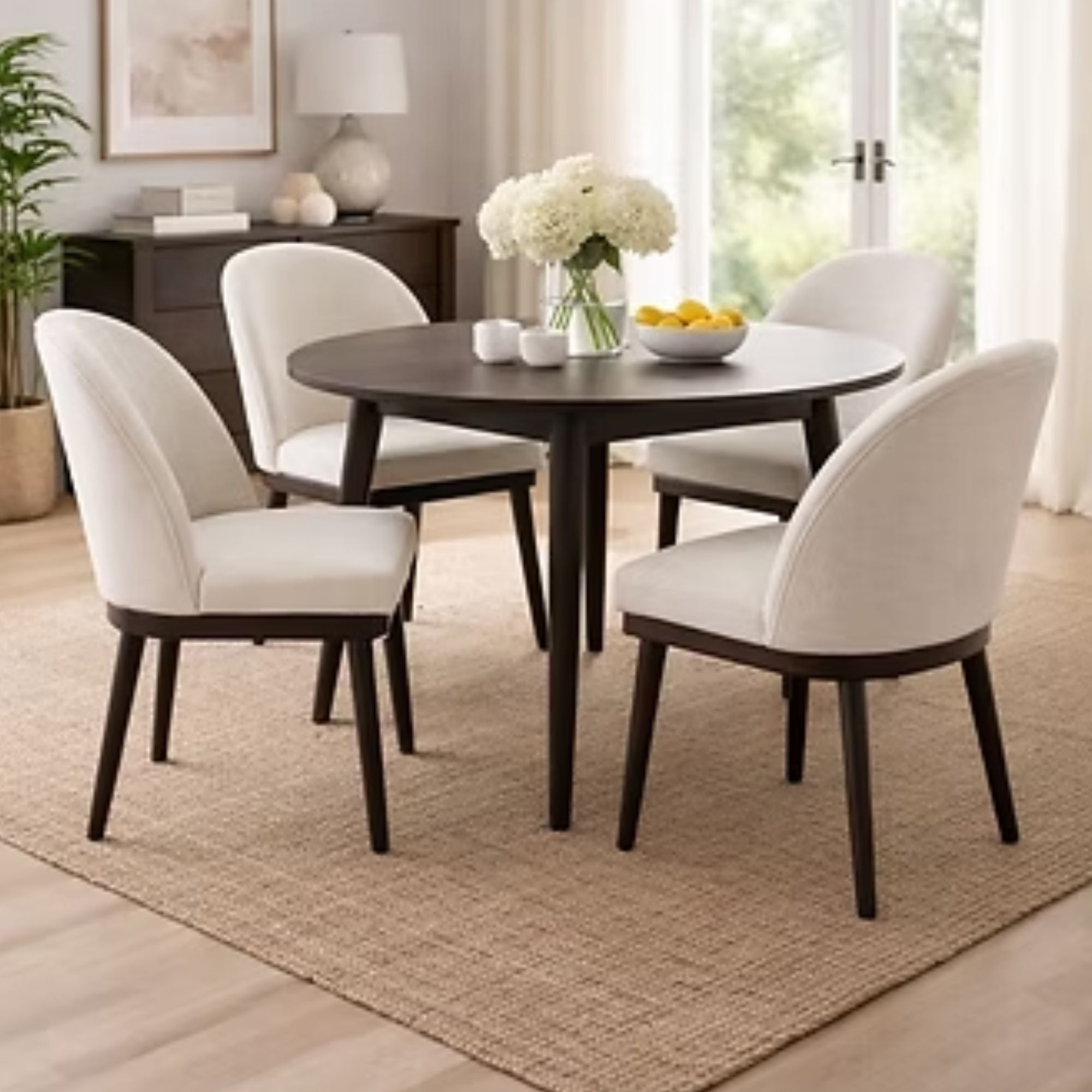 Set of two Elite Living Maxx Collection dining chairs in cream with upholstered seats and sleek modern design.